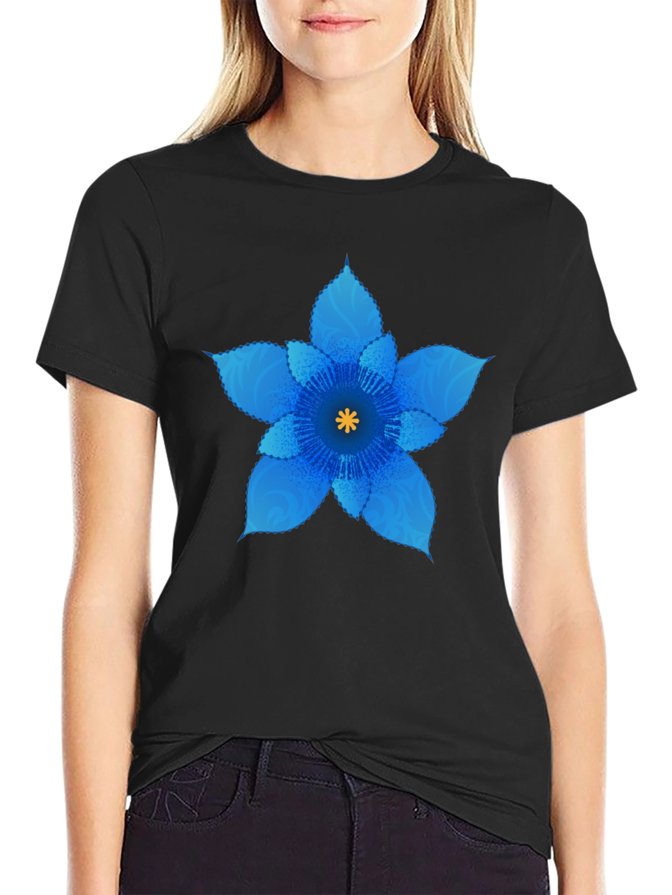 Blue Flower Graphic Black T-Shirt