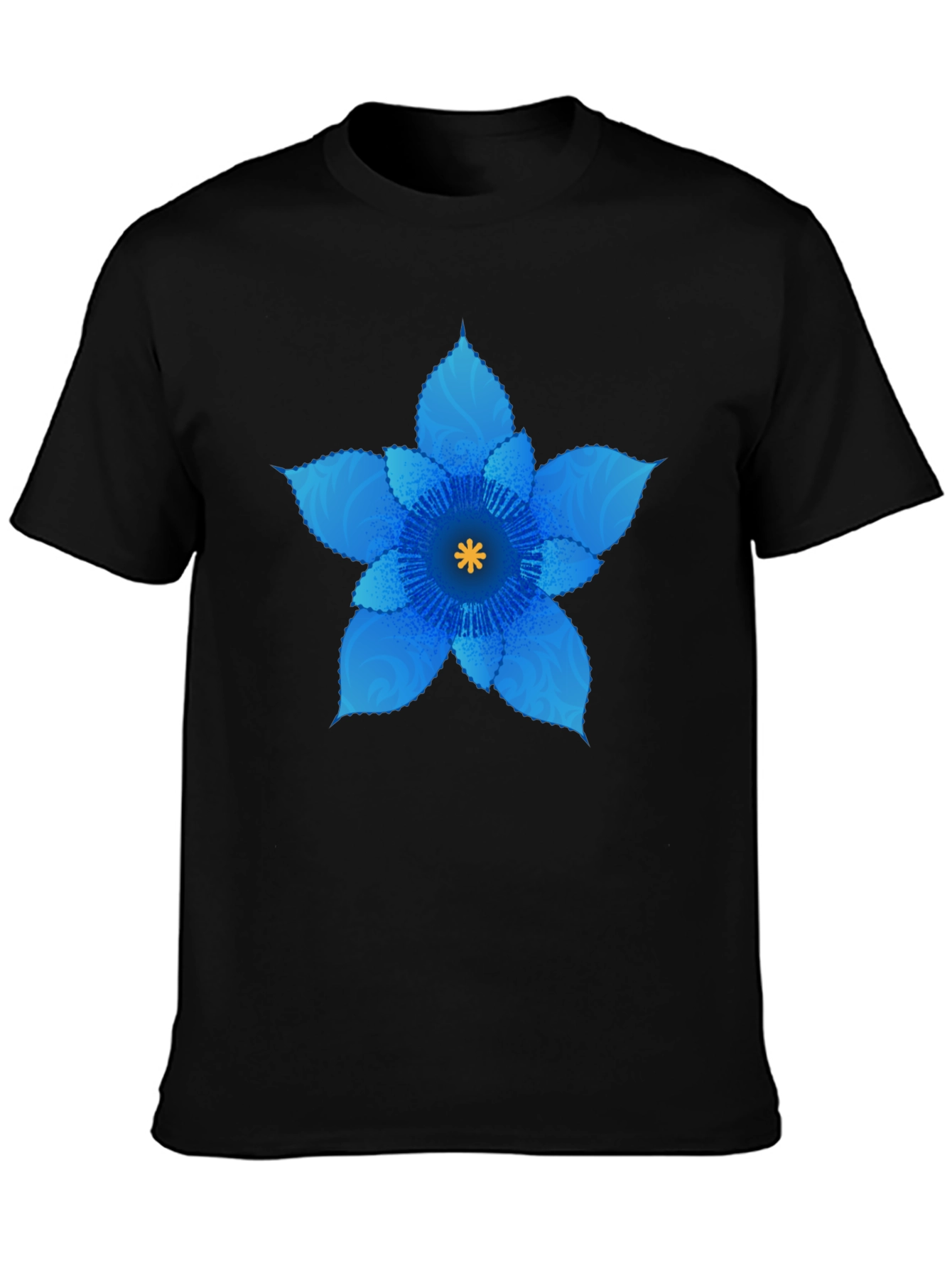 Blue Flower Graphic Black T-Shirt
