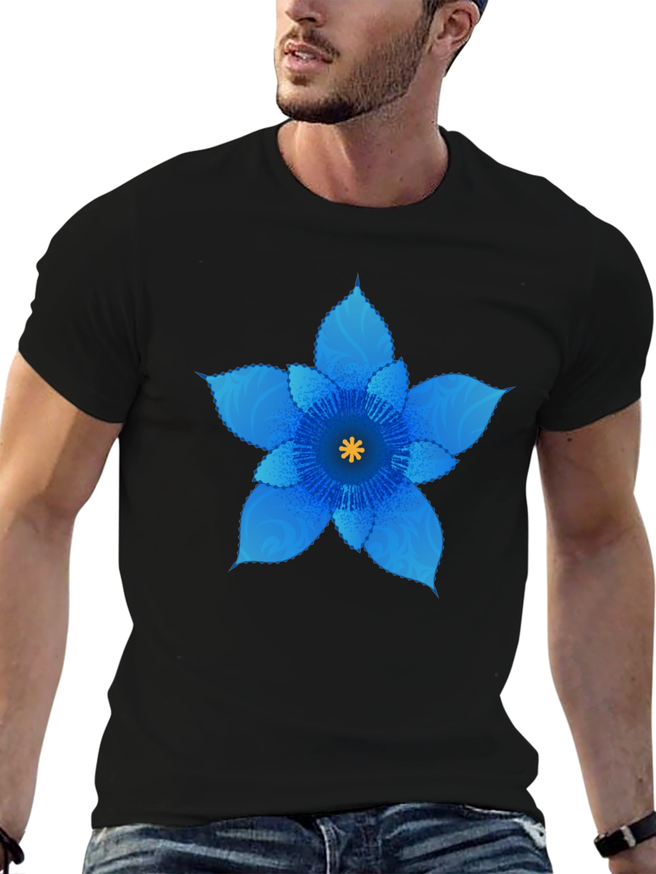 Blue Flower Graphic Black T-Shirt