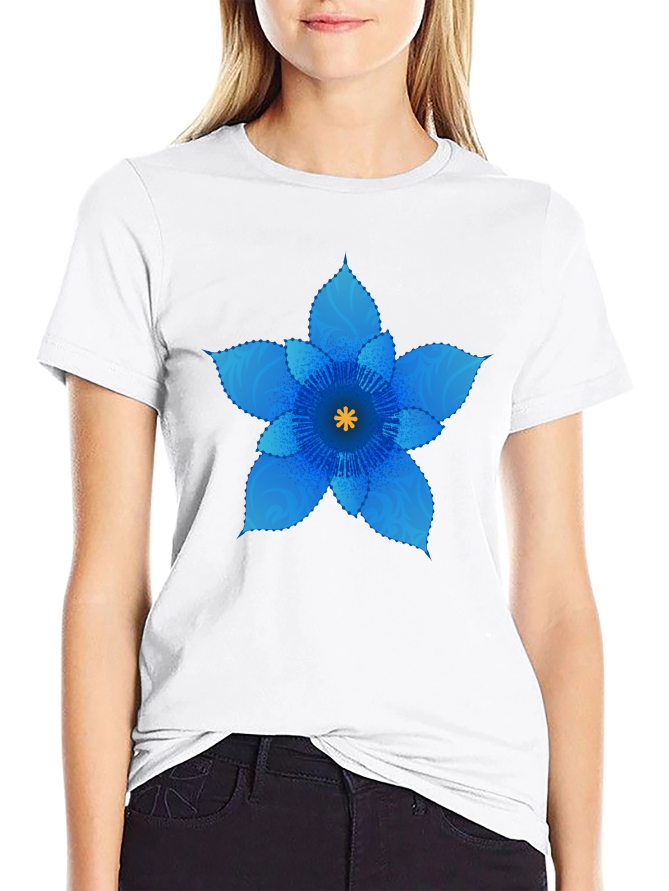 Blue Flower Graphic Black T-Shirt