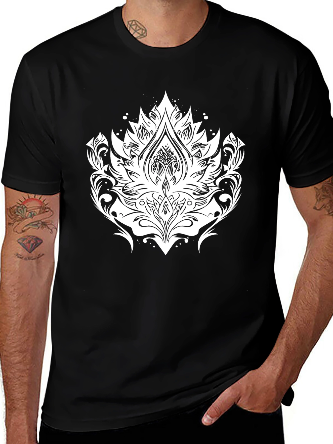 Black Tee with White Lotus Graphic Print