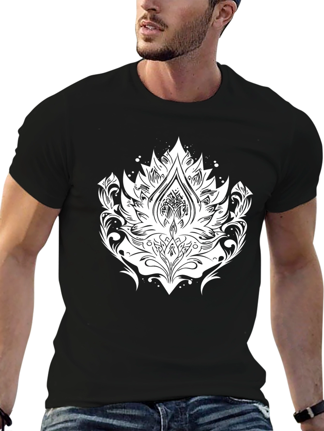 Black Tee with White Lotus Graphic Print