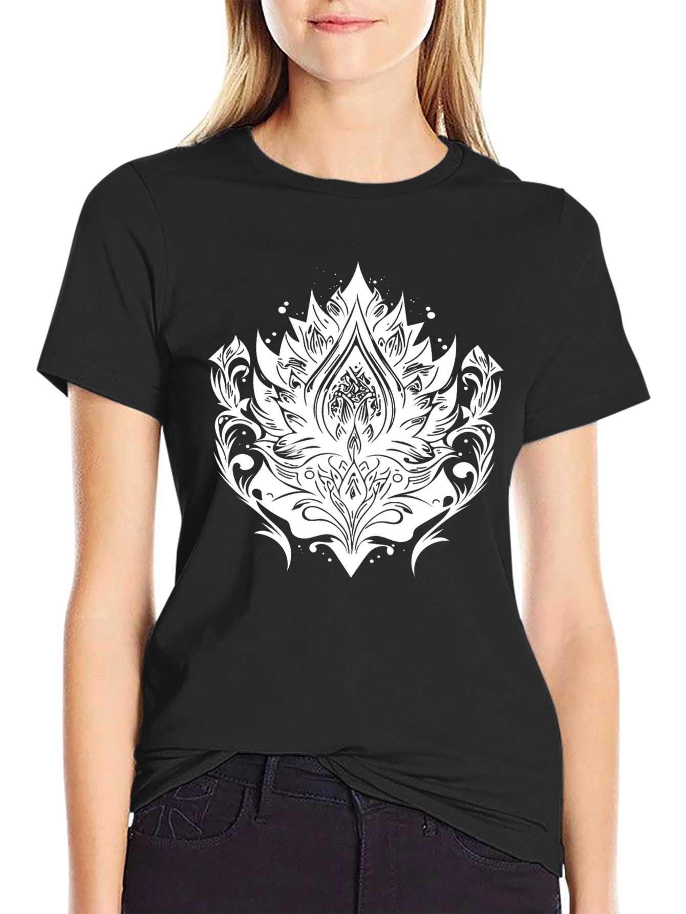 Black Tee with White Lotus Graphic Print