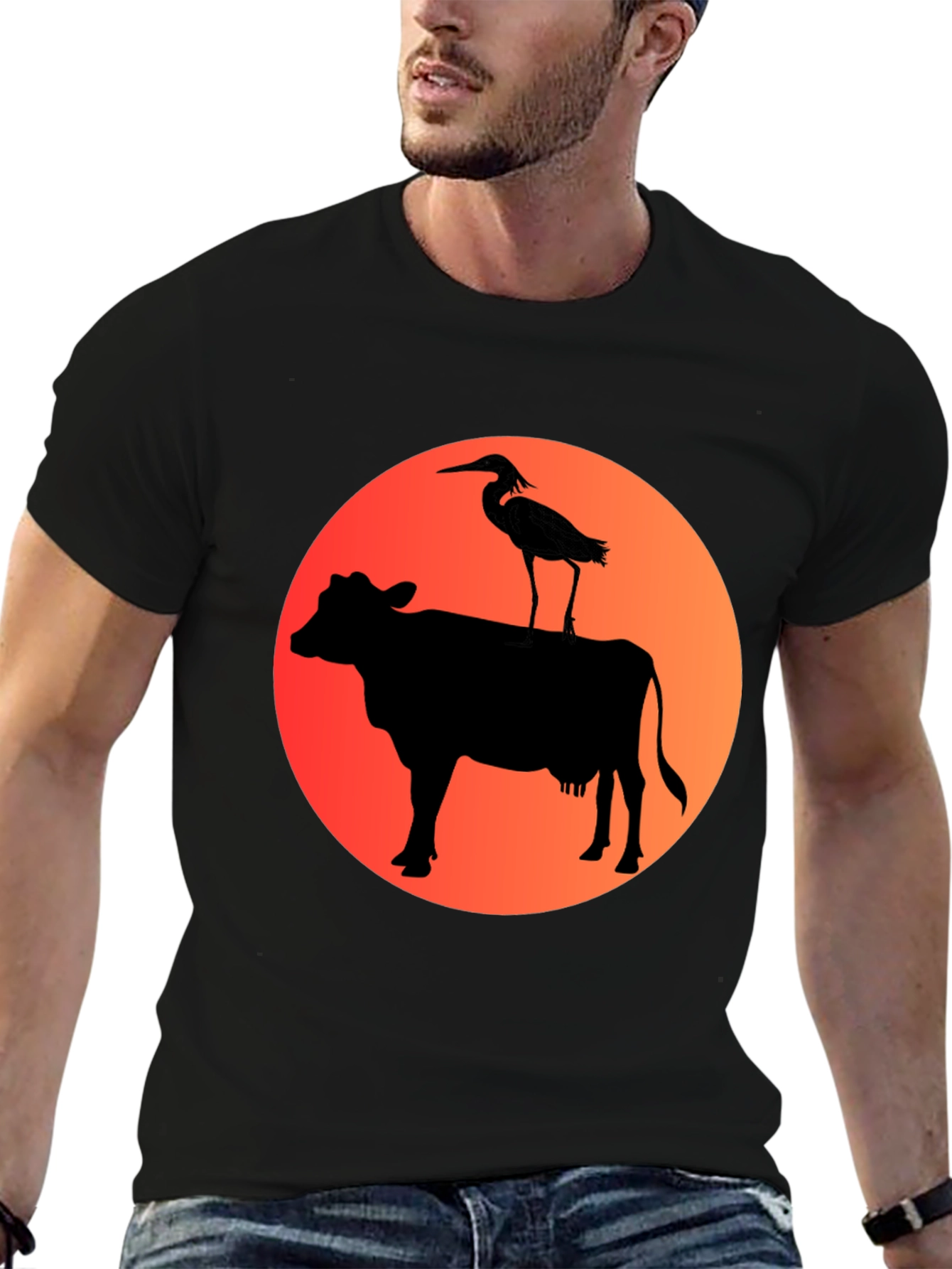 Cow & Heron Graphic T-Shirt - Black