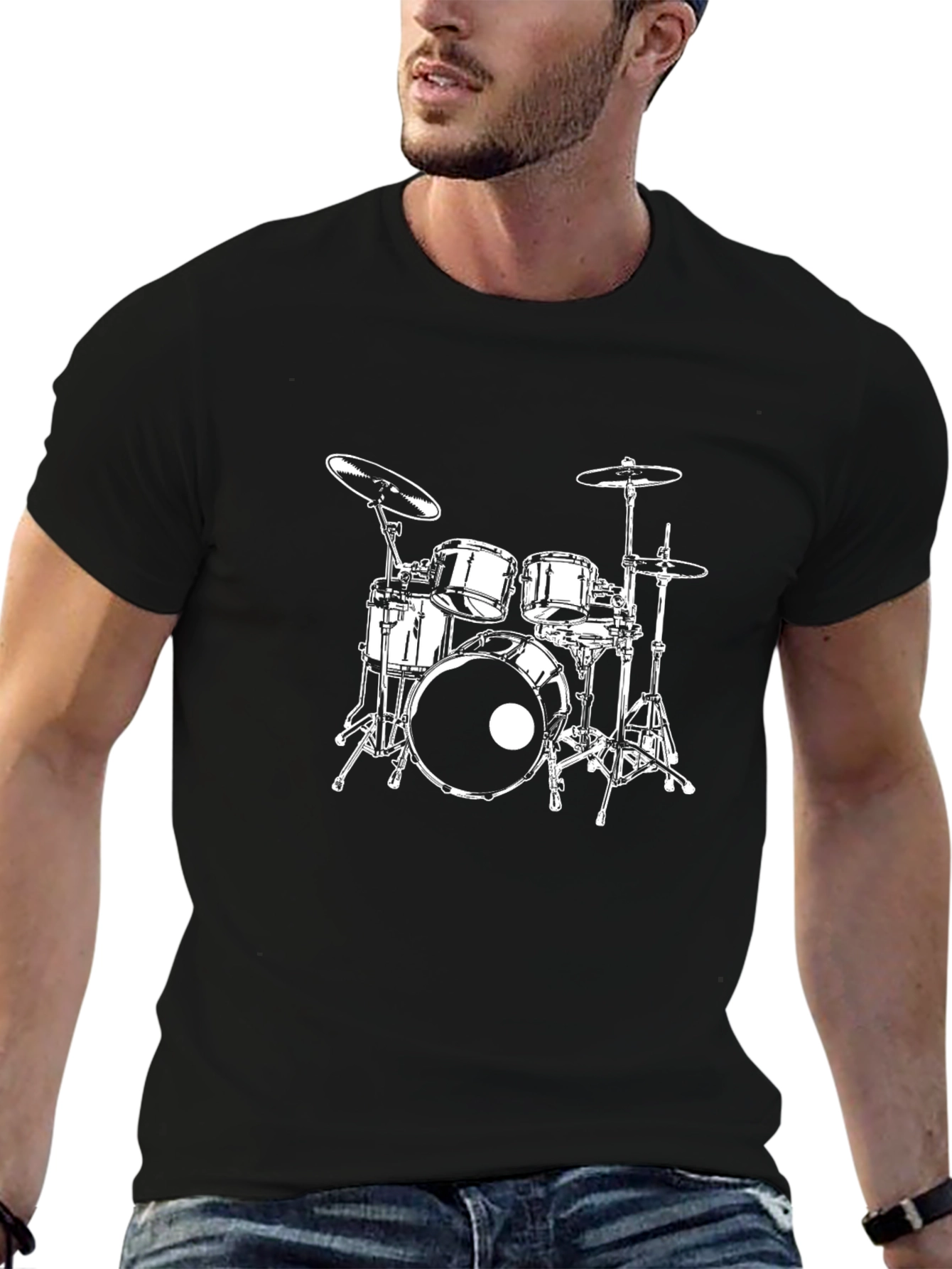 Drum Set Graphic Tee - Black Cotton Musician T-Shirt