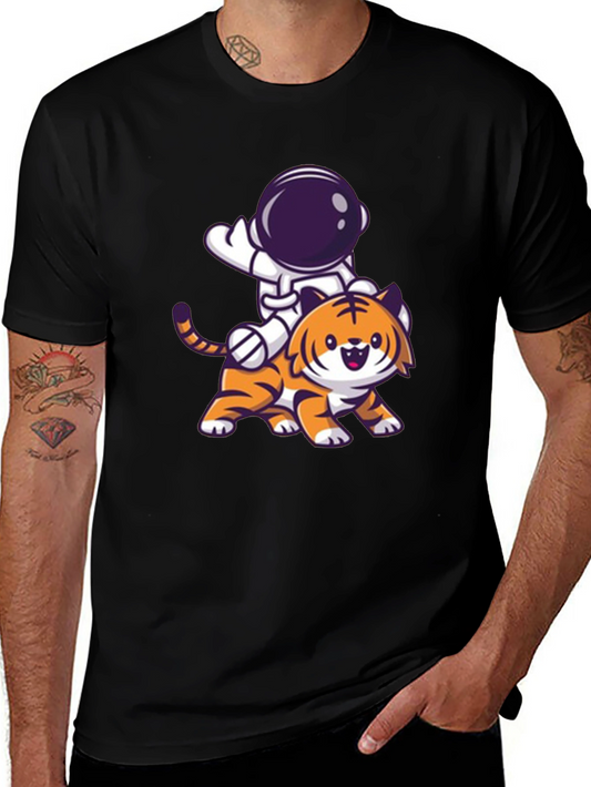Astronaut Riding Tiger Graphic Tee - Black