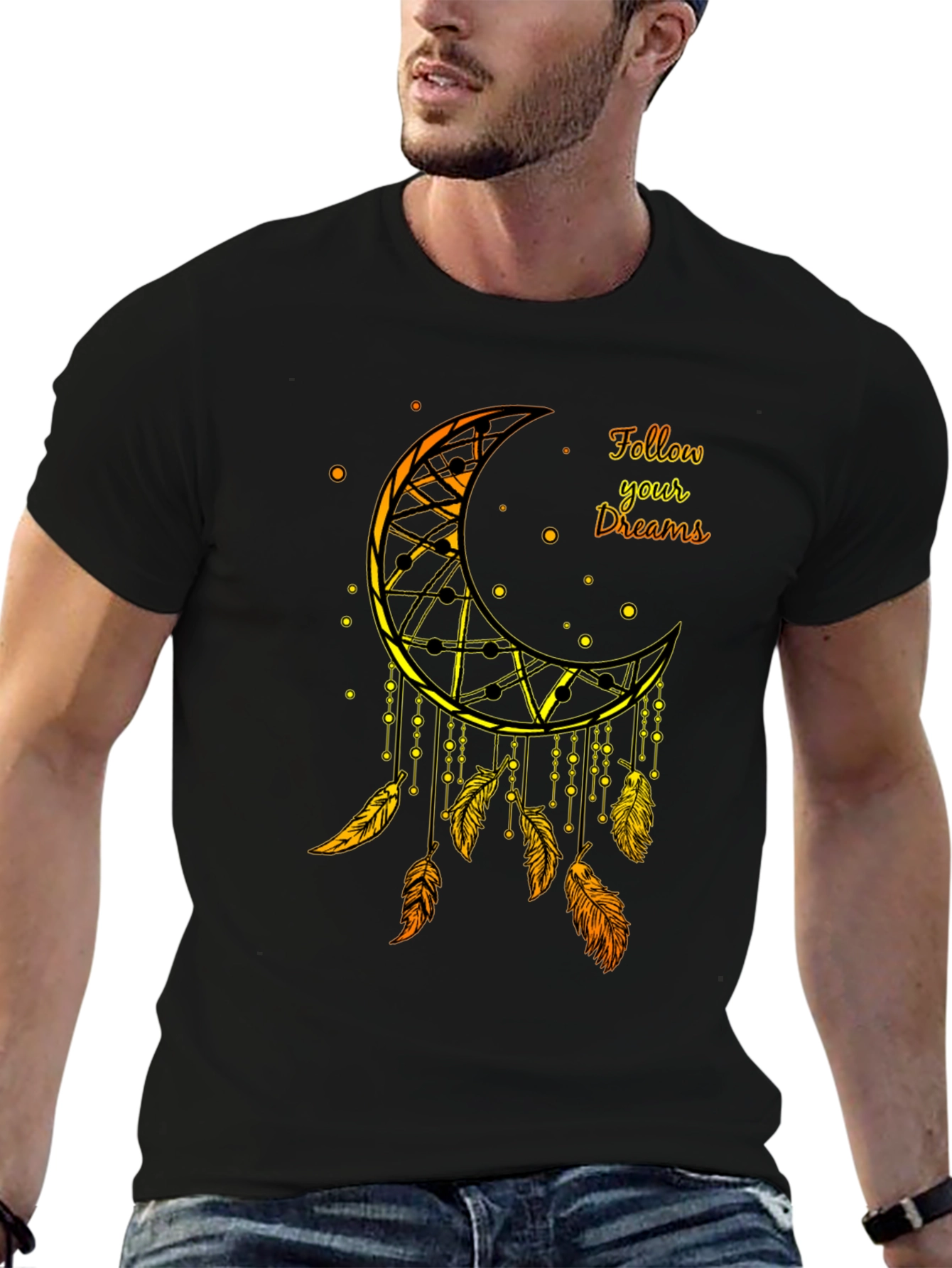 Dreamcatcher Moon Graphic Tee - Black Cotton Blend Shirt