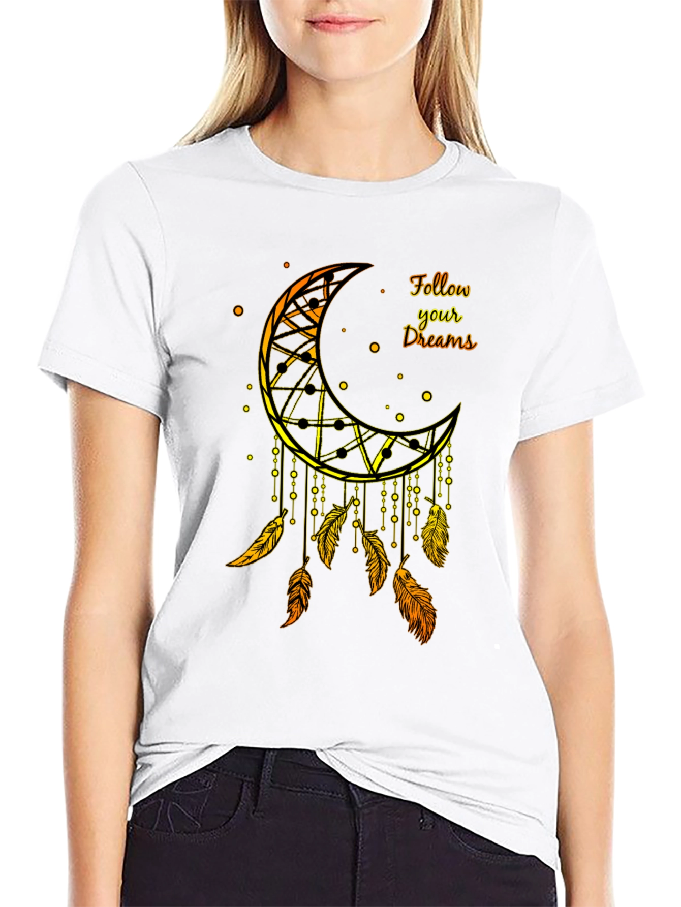 Dreamcatcher Moon Graphic Tee - Black Cotton Blend Shirt