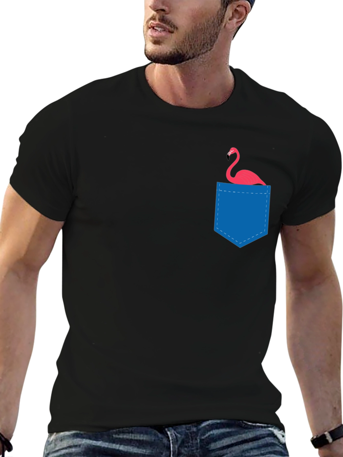 Mens Black T-Shirt with Flamingo Pocket