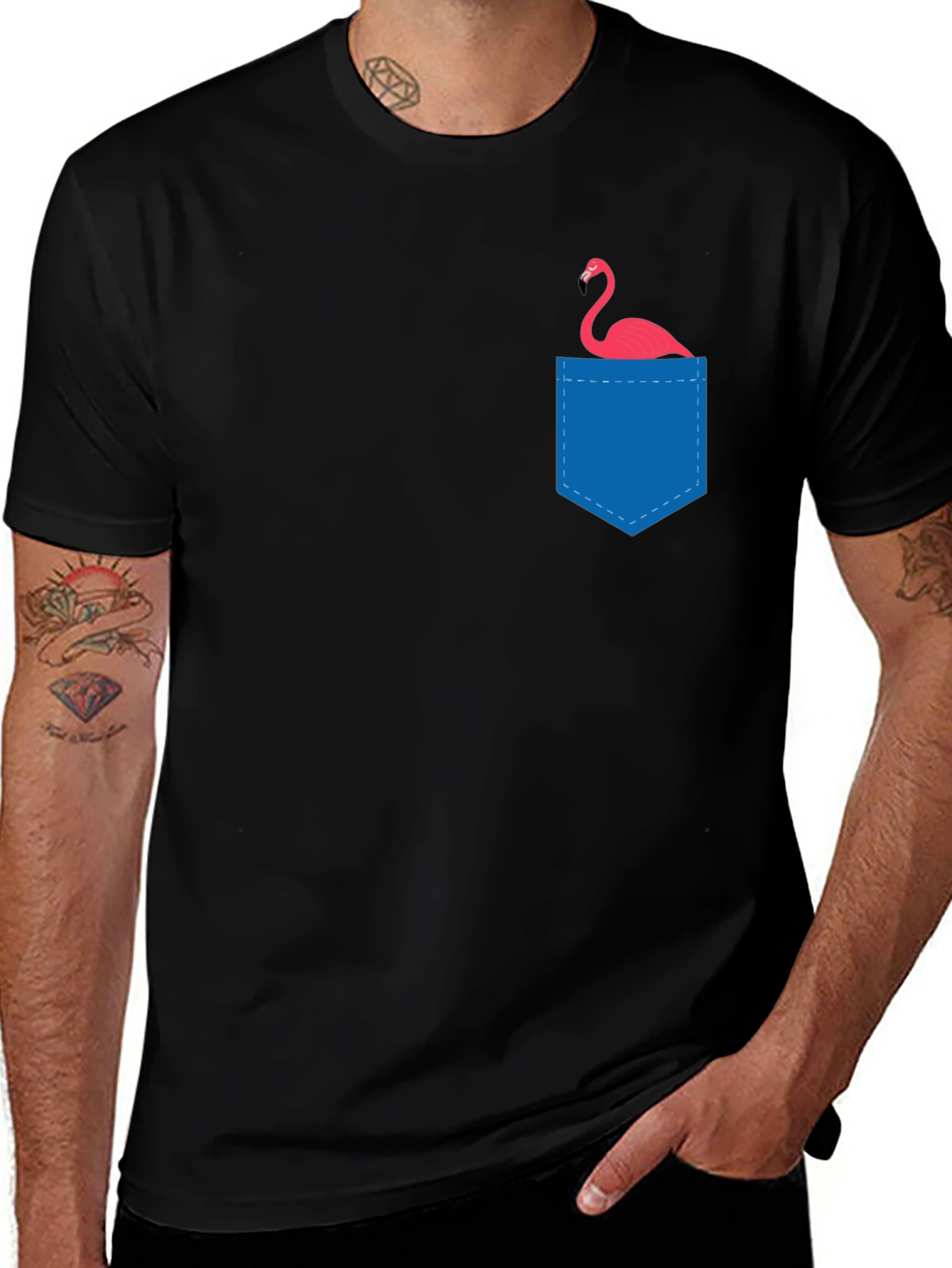 Mens Black T-Shirt with Flamingo Pocket