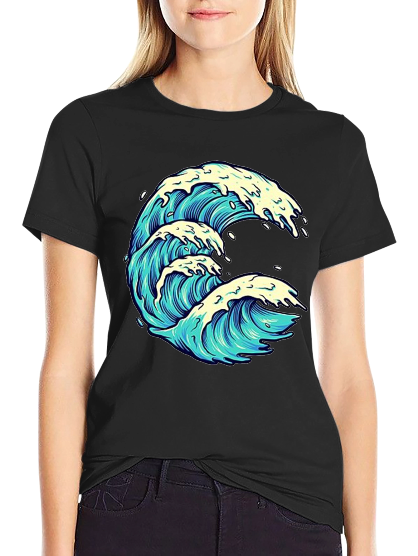 Wave Graphic Print Black Tee