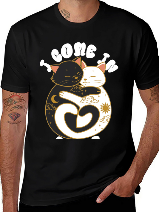 Yin Yang Cats Hugging Graphic Tee - Unisex Black T-Shirt