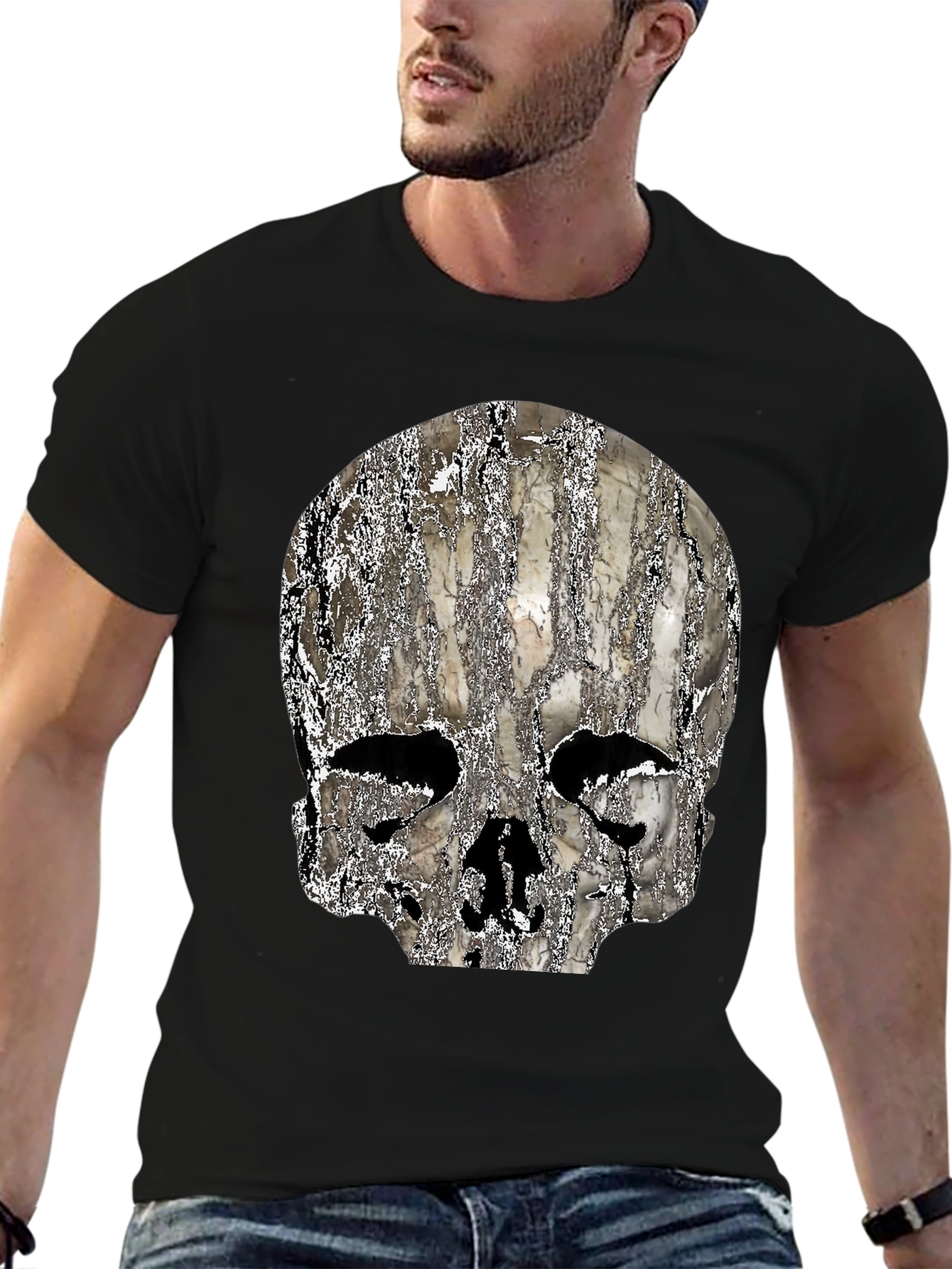 Textured Skull Graphic Black T-Shirt