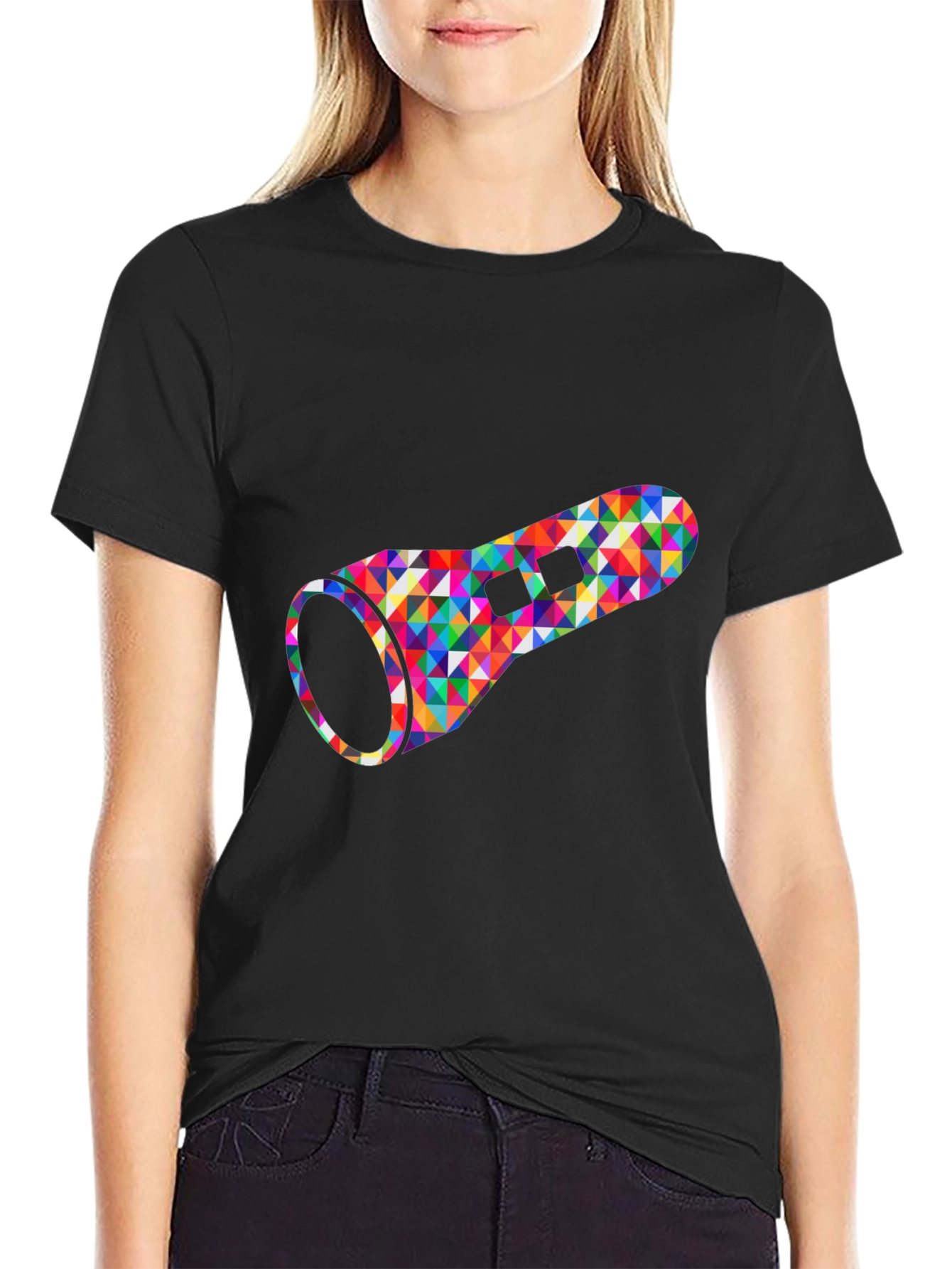 Geometric Flashlight Graphic Tee - Black Cotton Casual Shirt