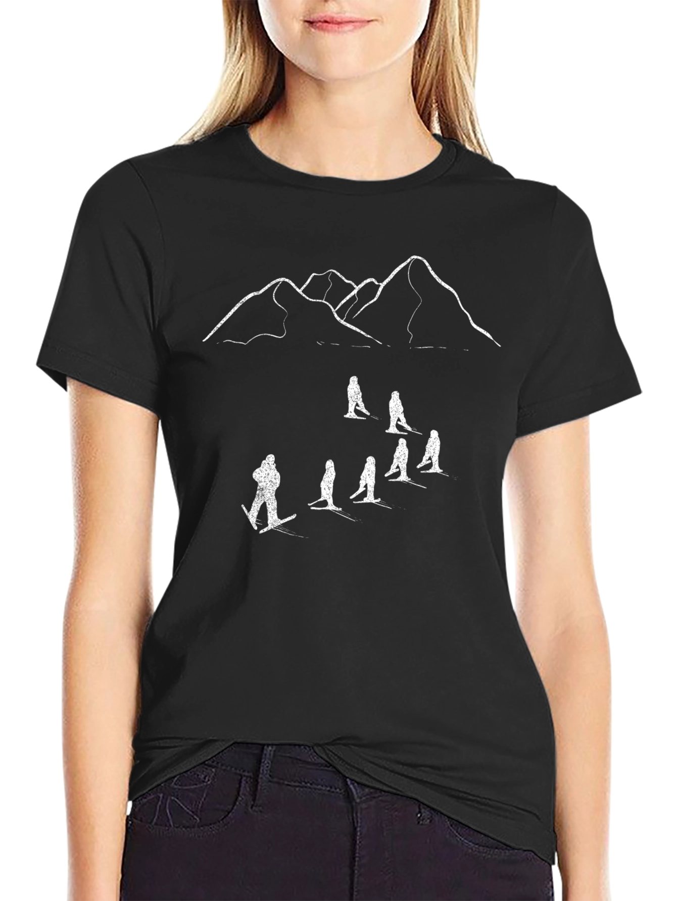 Skiing Adventure Tee - Mountain Scene Black T-Shirt
