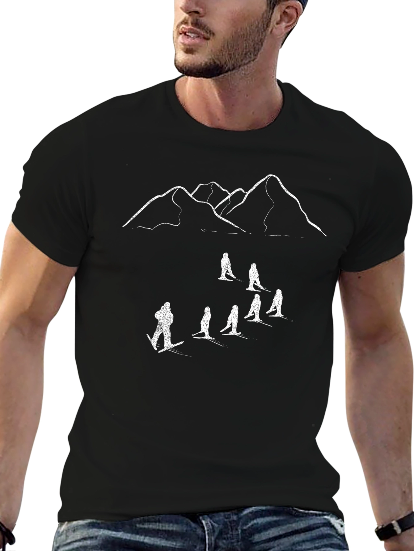 Skiing Adventure Tee - Mountain Scene Black T-Shirt