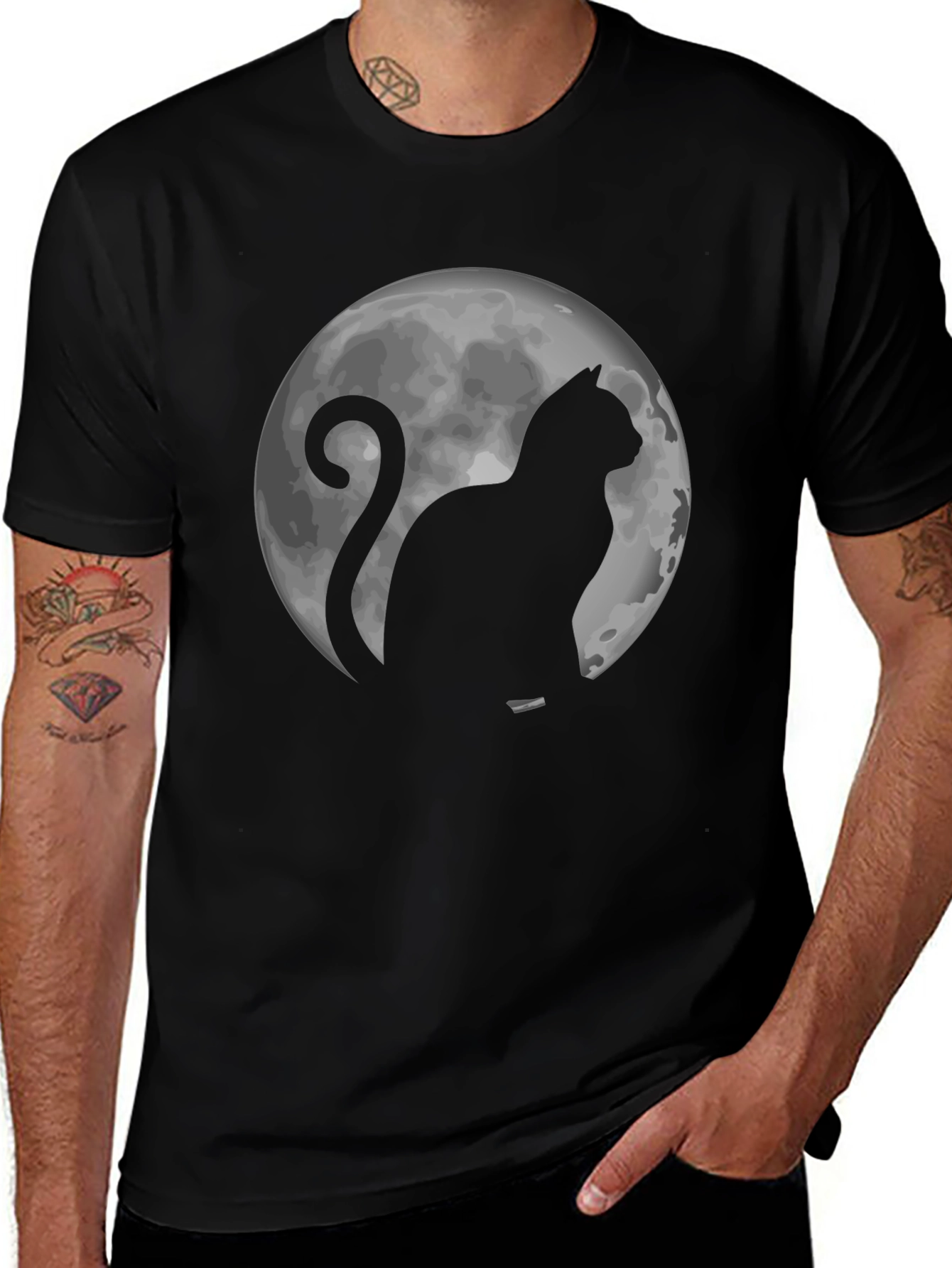 Cat & Moon Graphic Tee - Black Cotton T-Shirt