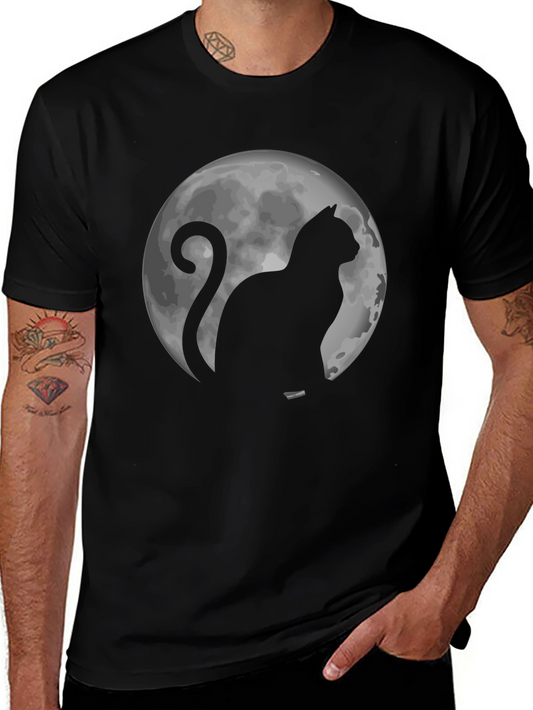 Cat & Moon Graphic Tee - Black Cotton T-Shirt
