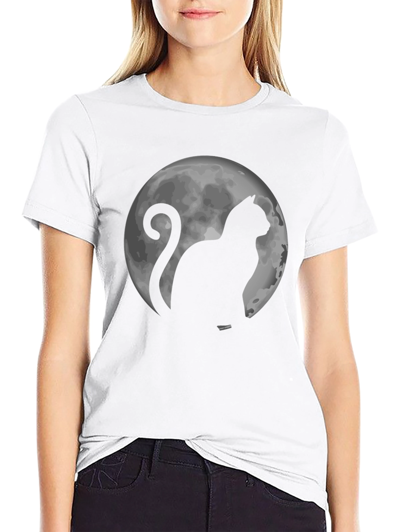 Cat & Moon Graphic Tee - Black Cotton T-Shirt