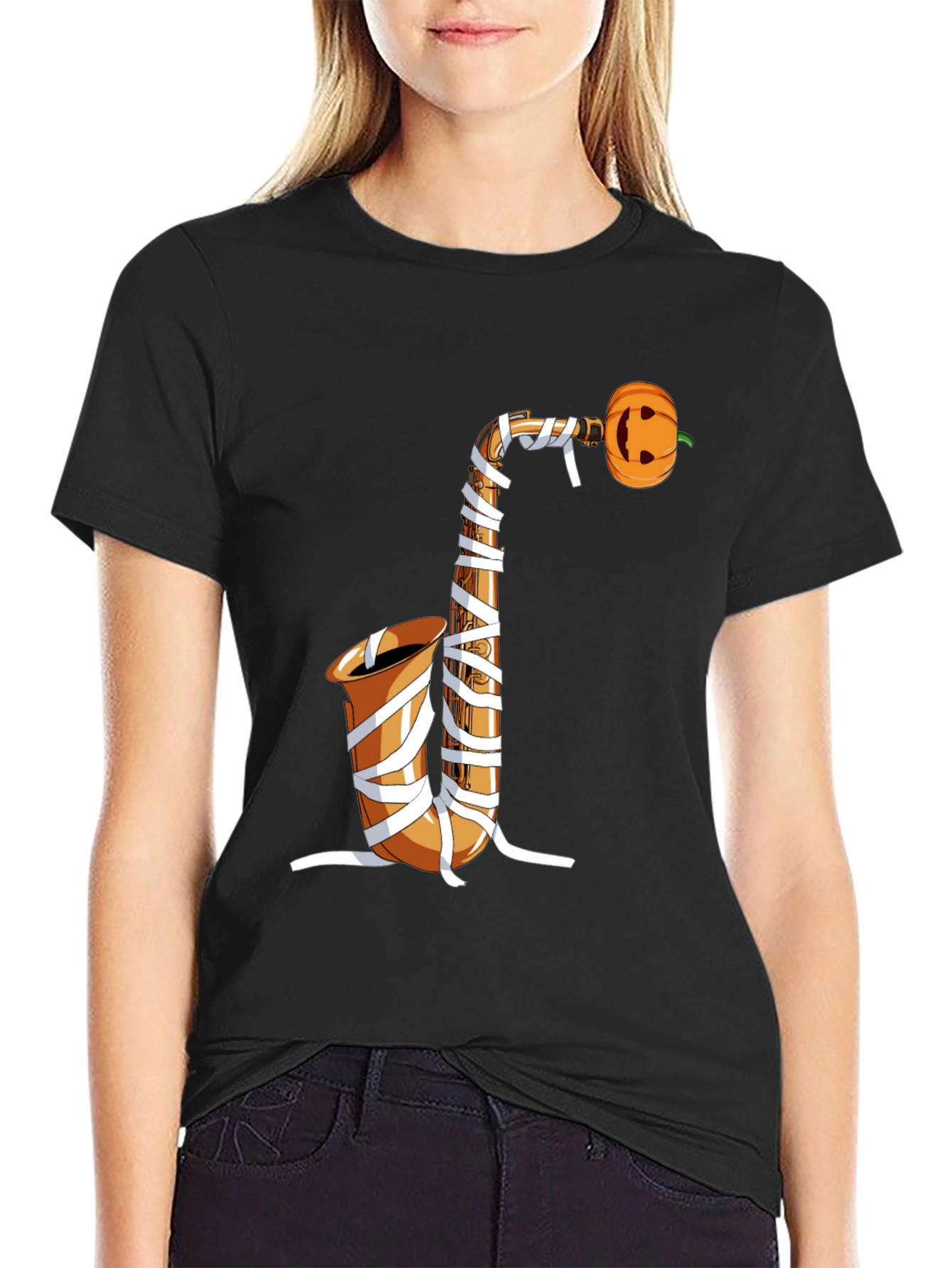 Halloween Saxophone Mummy Pumpkin T-Shirt