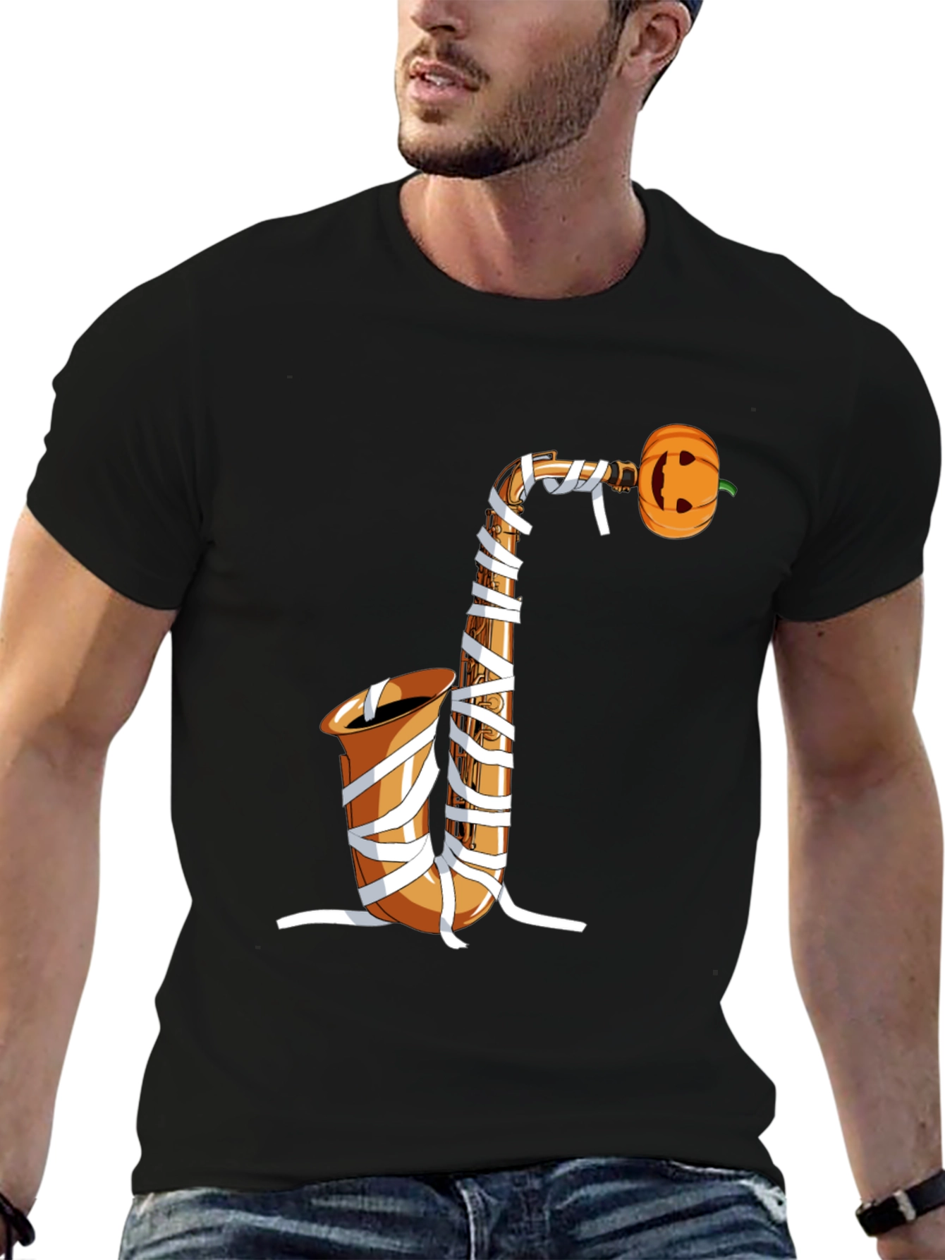 Halloween Saxophone Mummy Pumpkin T-Shirt