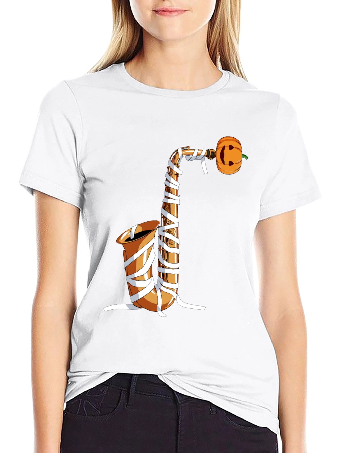 Halloween Saxophone Mummy Pumpkin T-Shirt