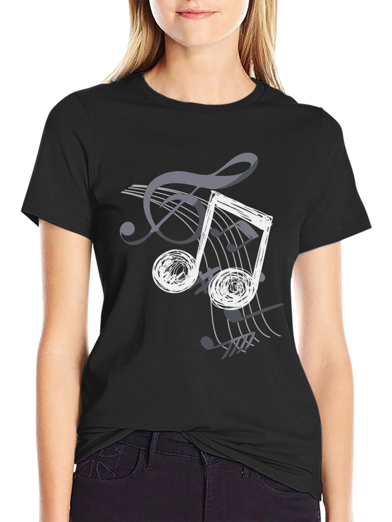 Musical Note Graphic Print T-Shirt - Casual Black Tee