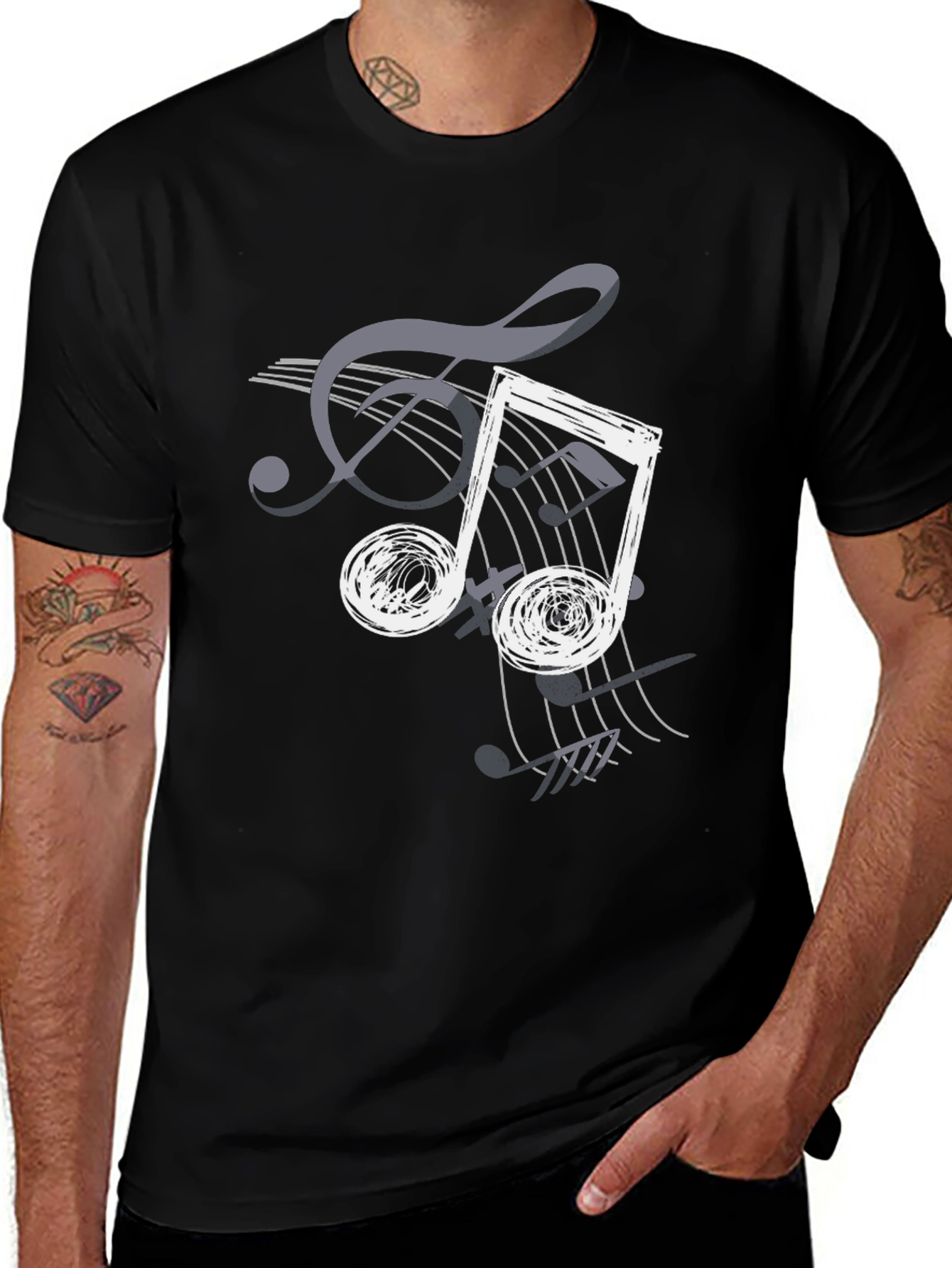Musical Note Graphic Print T-Shirt - Casual Black Tee