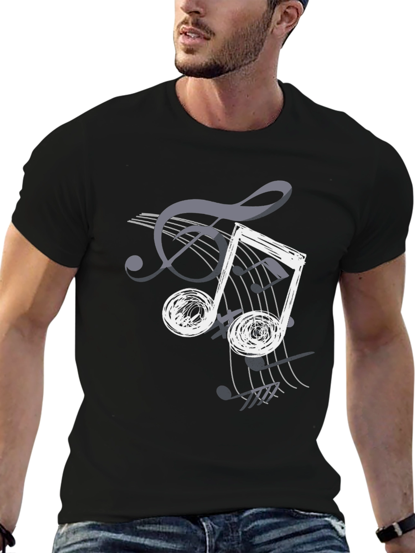 Musical Note Graphic Print T-Shirt - Casual Black Tee