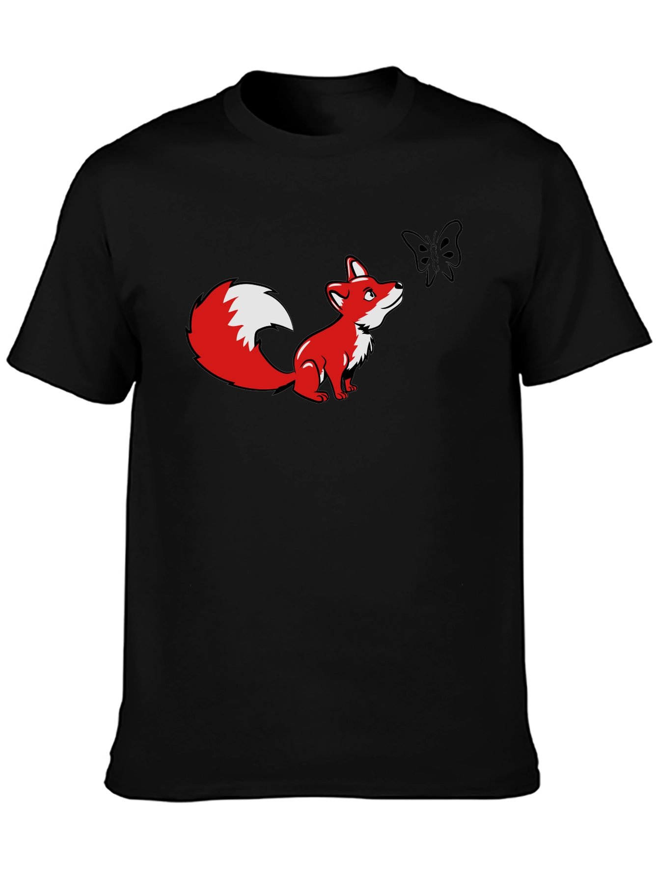 Fox and Butterfly Graphic Black T-Shirt