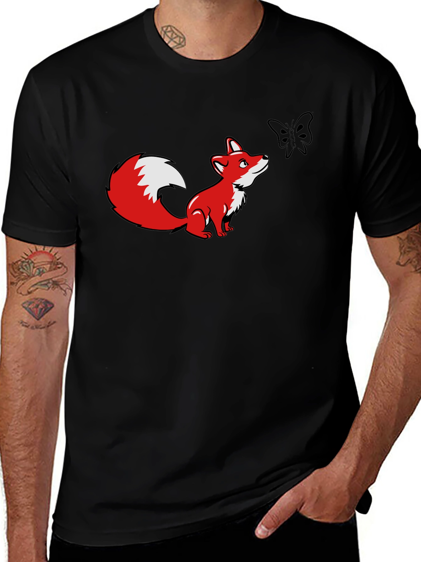 Fox and Butterfly Graphic Black T-Shirt
