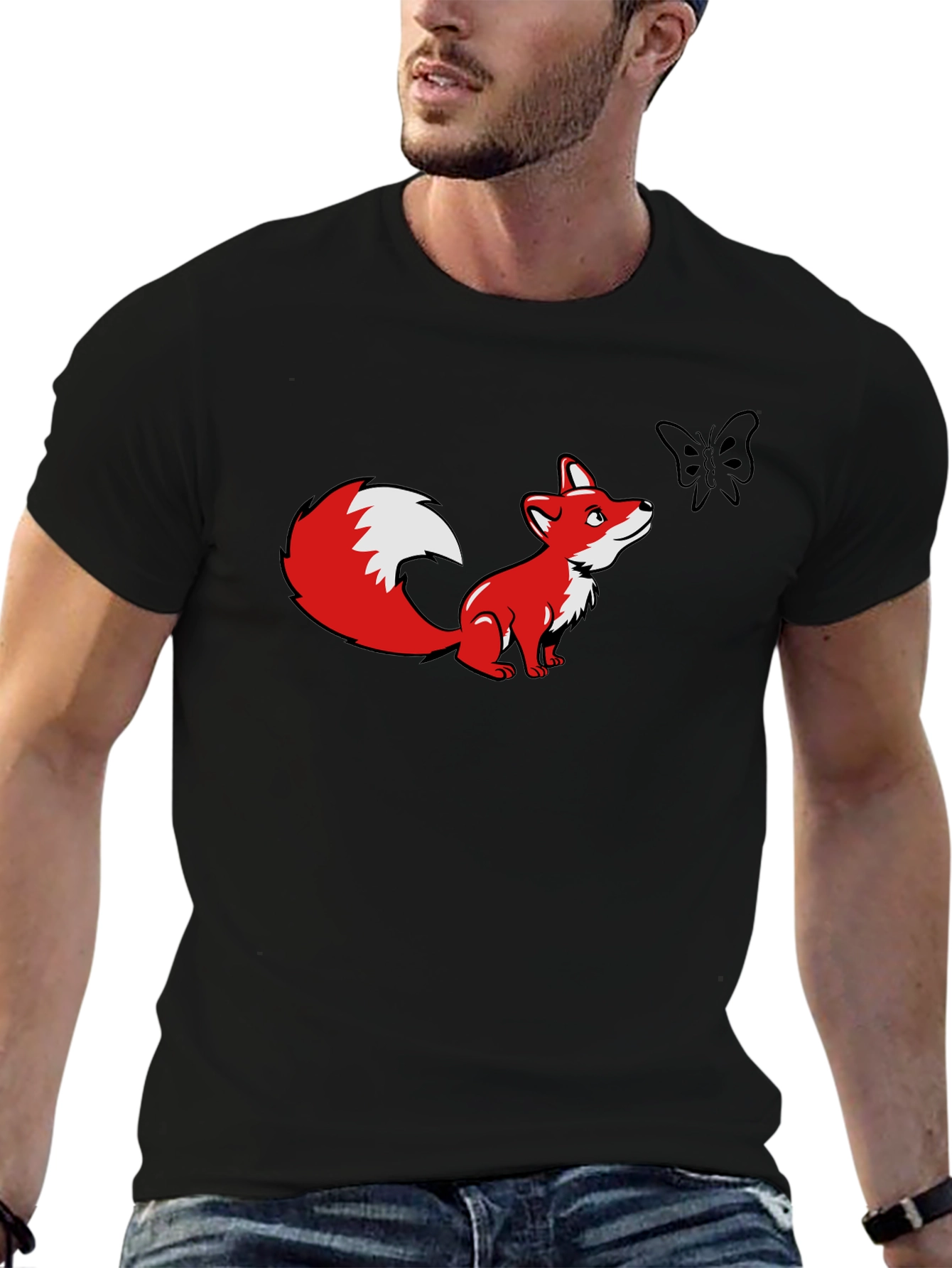 Fox and Butterfly Graphic Black T-Shirt
