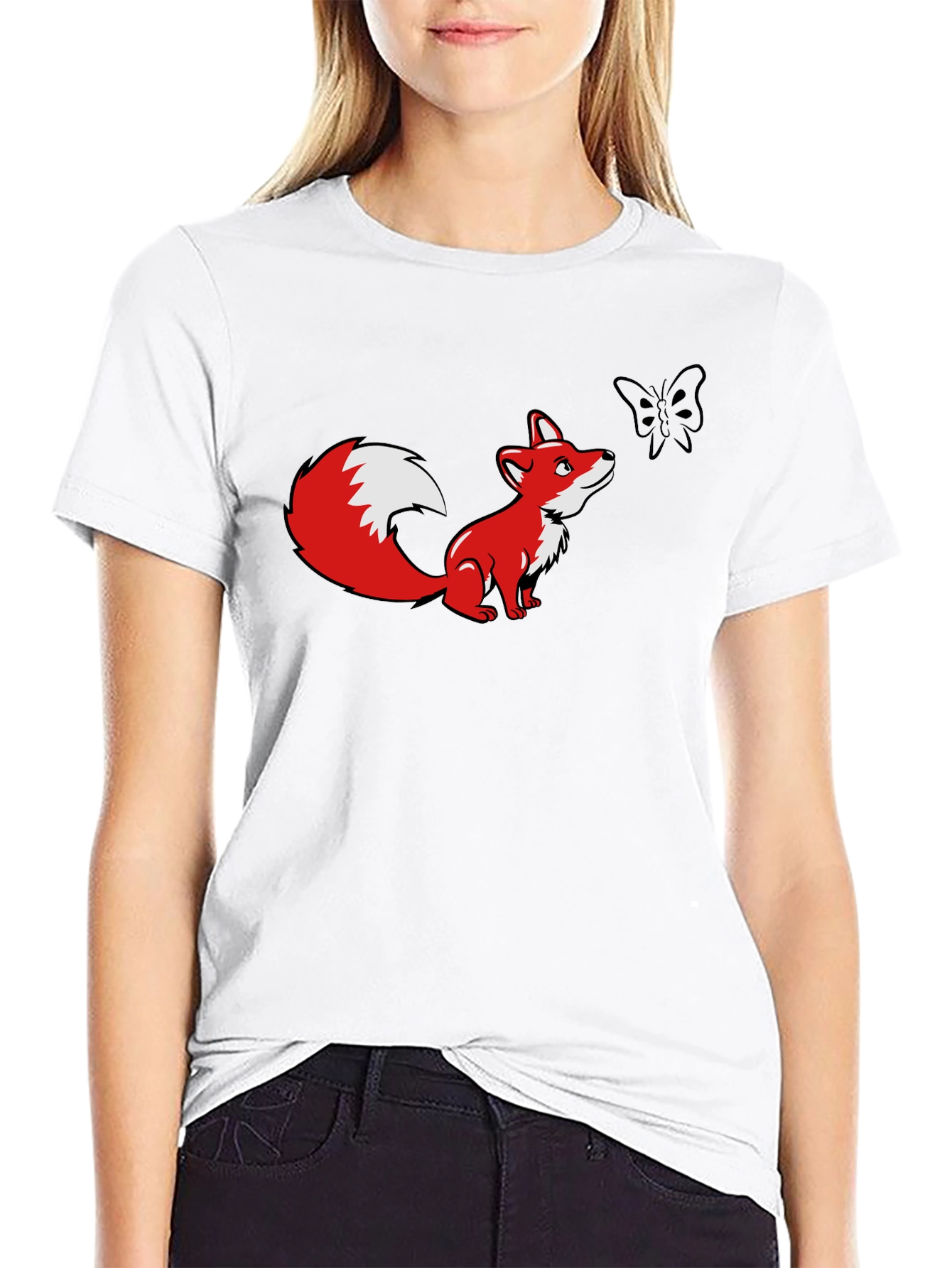 Fox and Butterfly Graphic Black T-Shirt