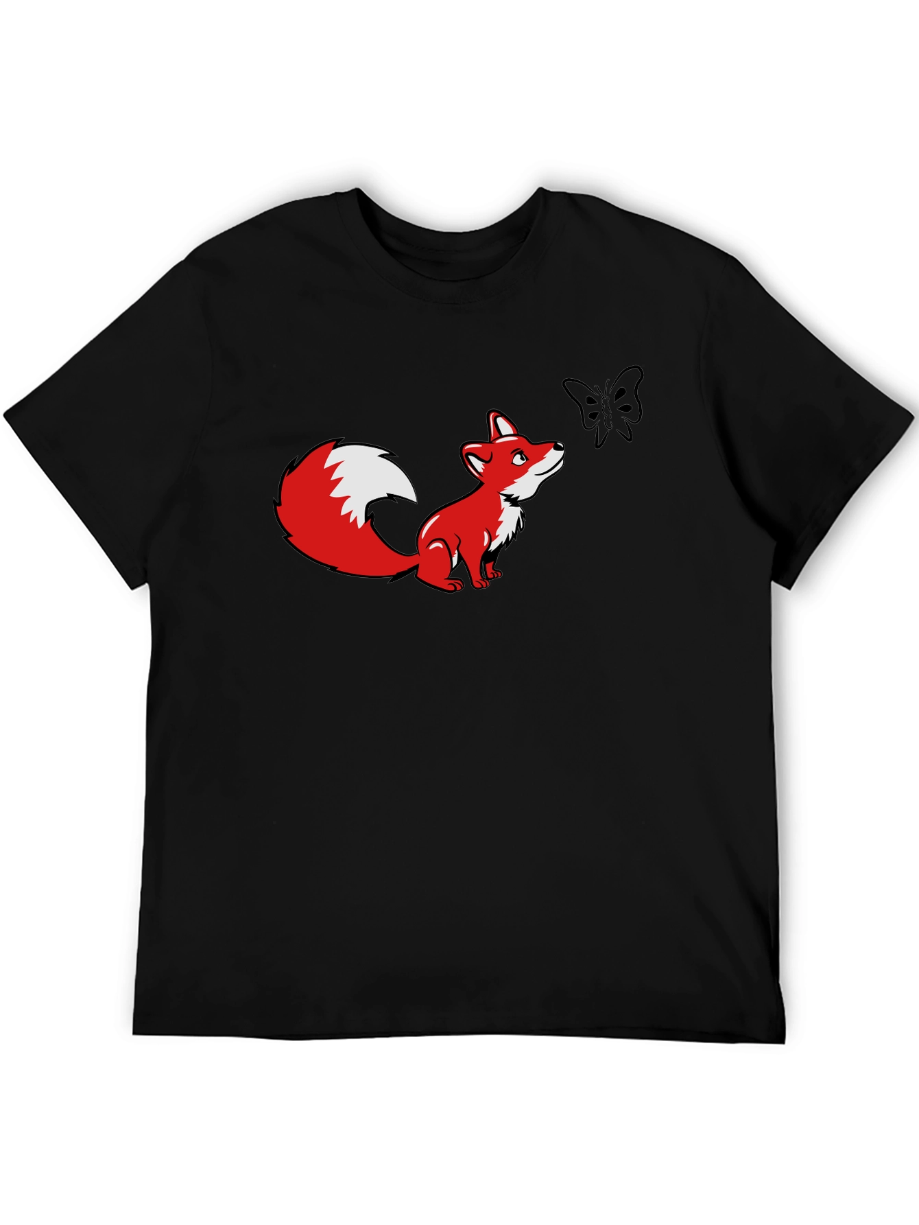 Fox and Butterfly Graphic Black T-Shirt