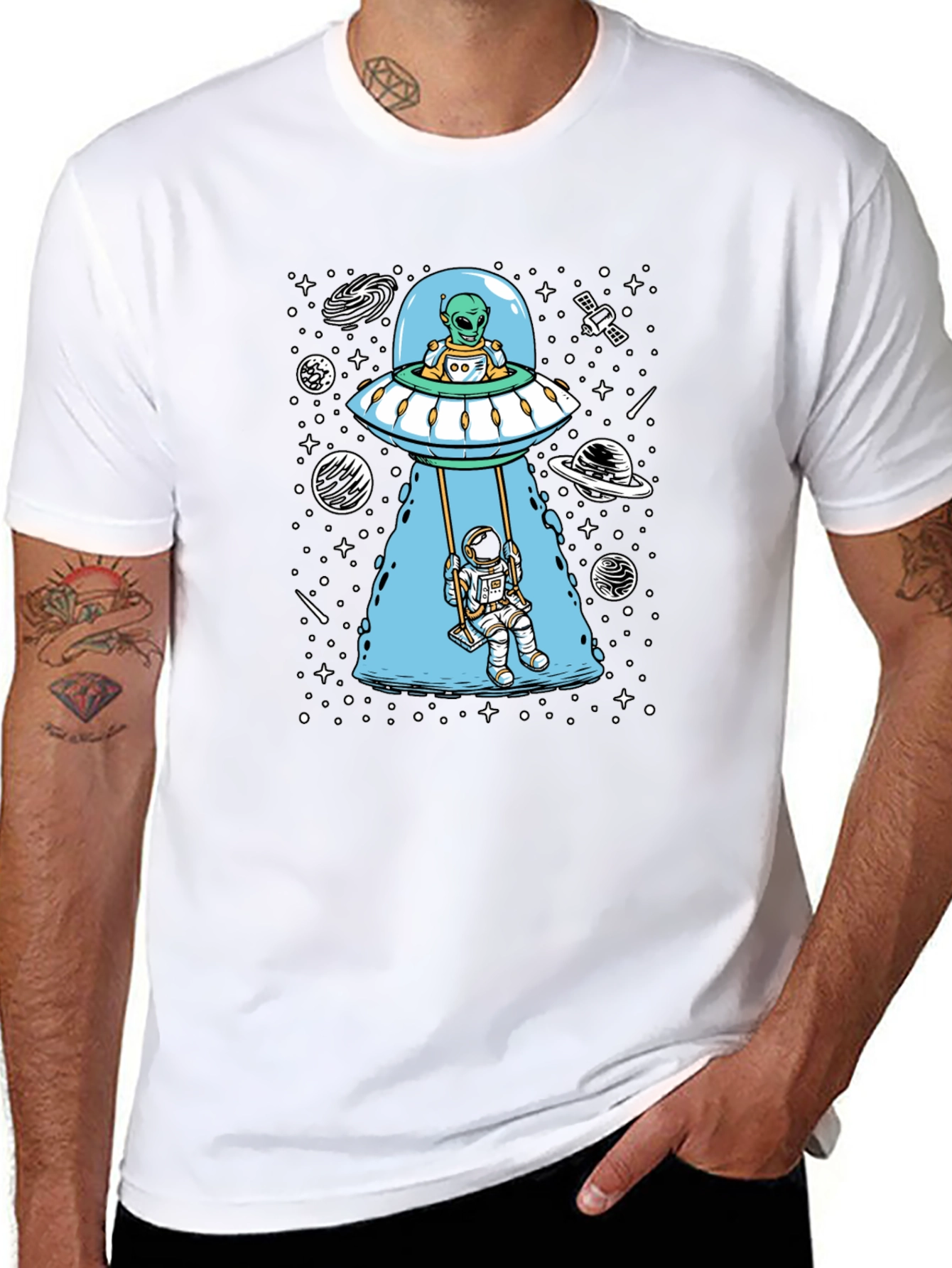 Alien UFO & Astronaut Swing Graphic T-Shirt