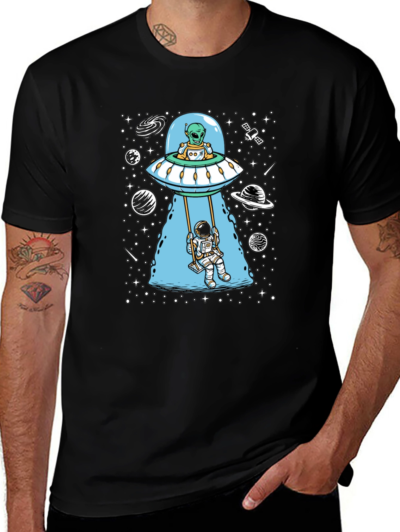 Alien UFO & Astronaut Swing Graphic T-Shirt
