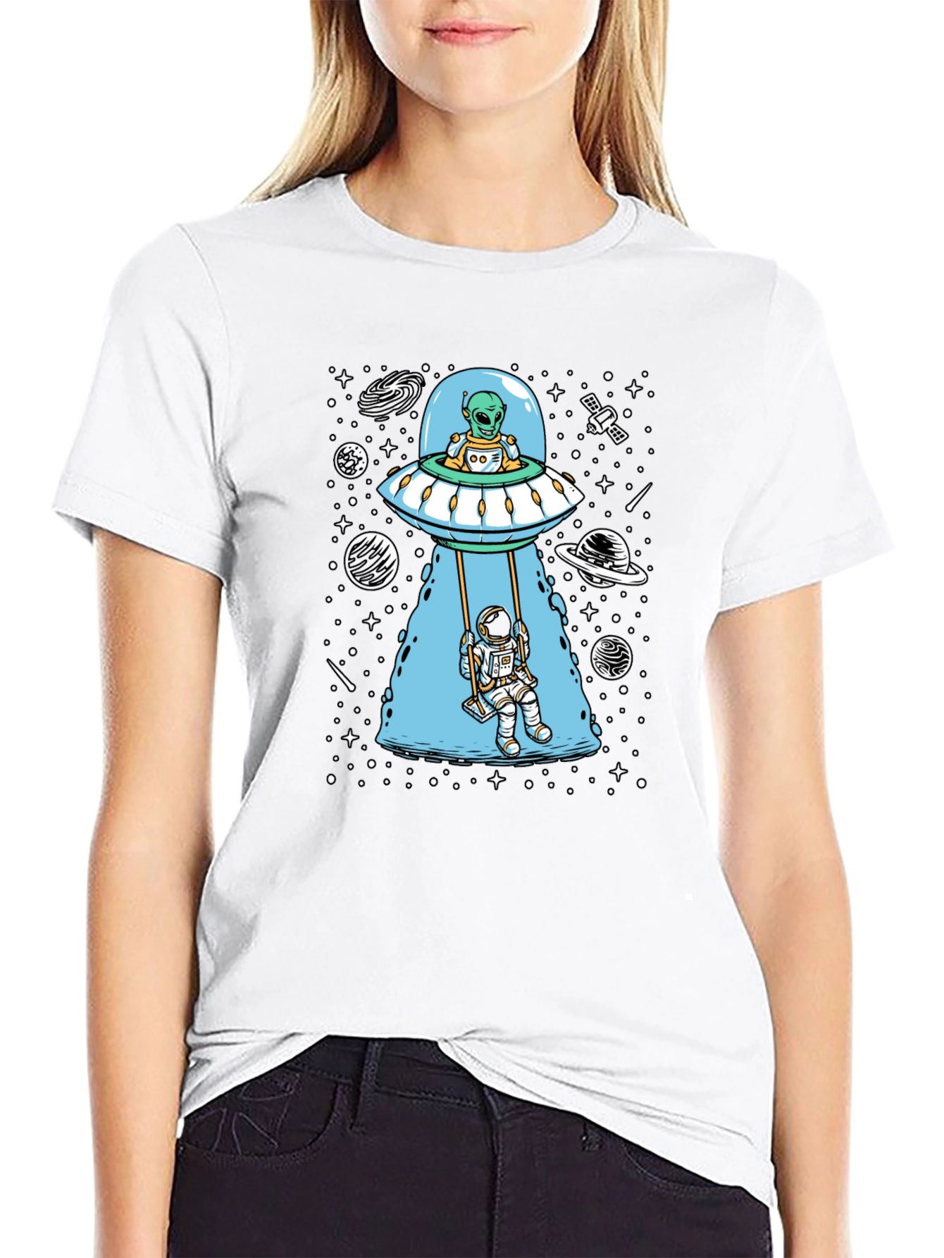 Alien UFO & Astronaut Swing Graphic T-Shirt