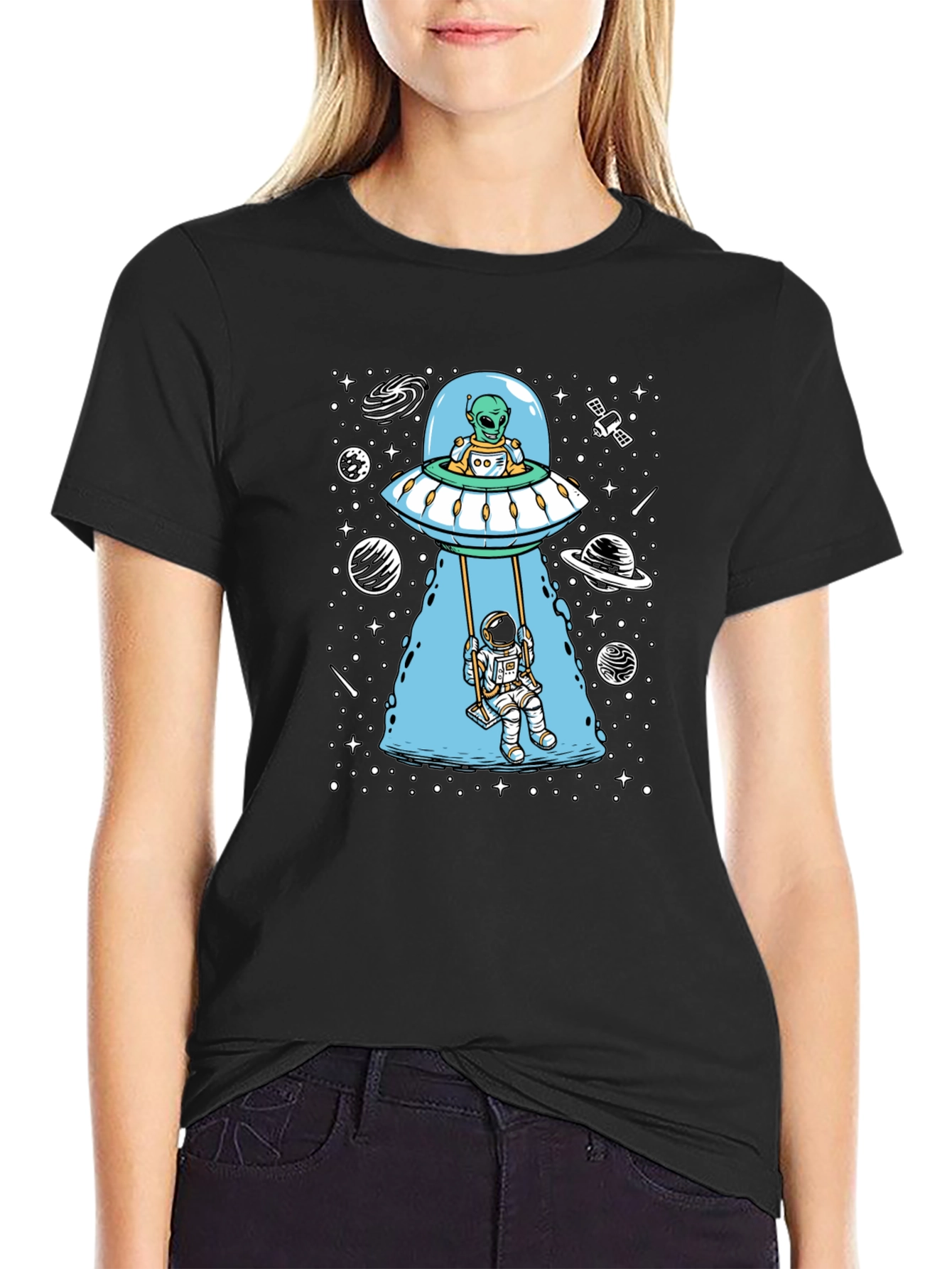 Alien UFO & Astronaut Swing Graphic T-Shirt
