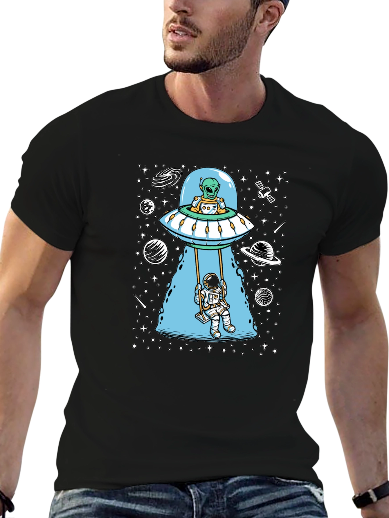 Alien UFO & Astronaut Swing Graphic T-Shirt