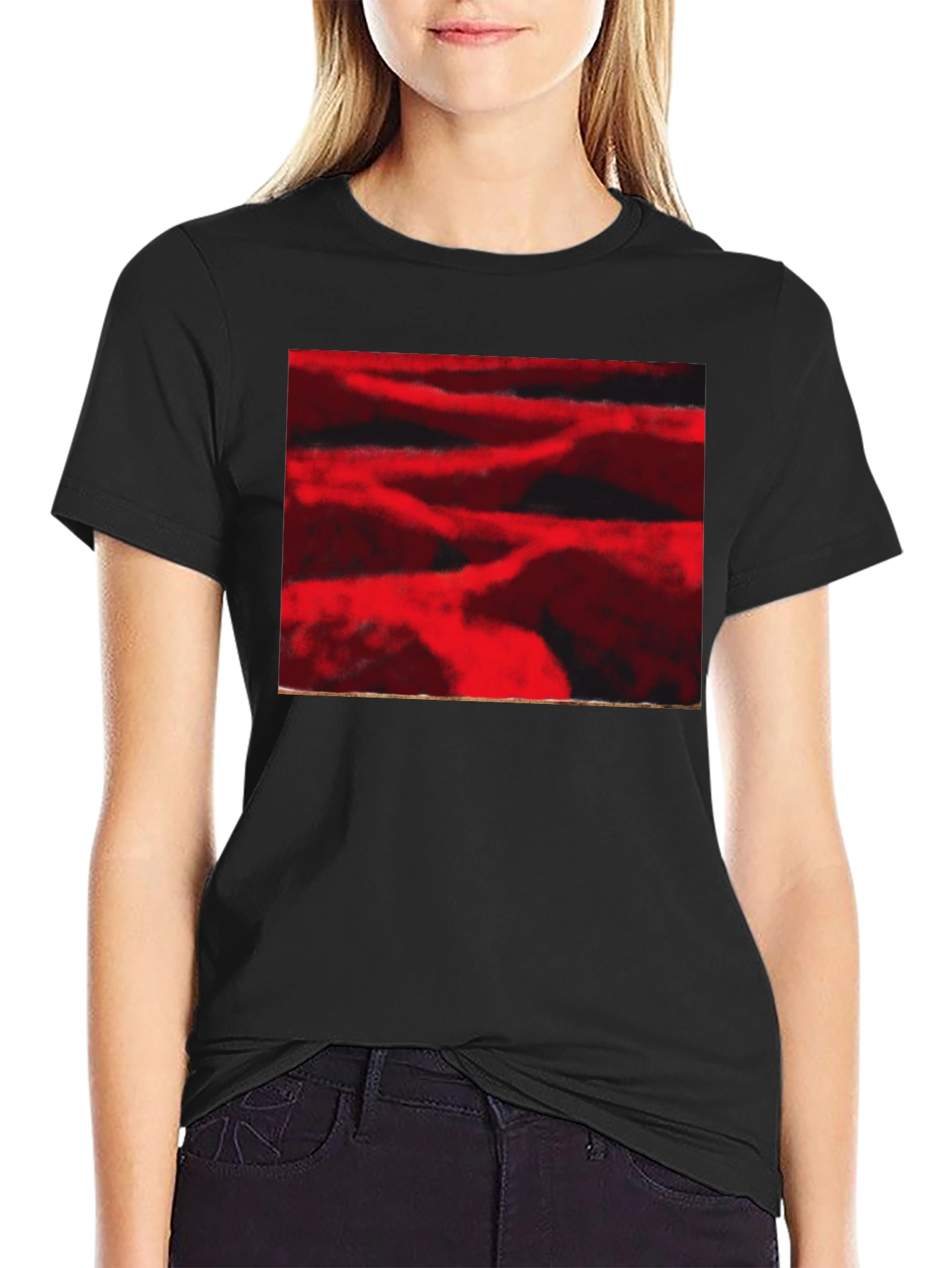 Abstract Red Landscape Print Black T-Shirt