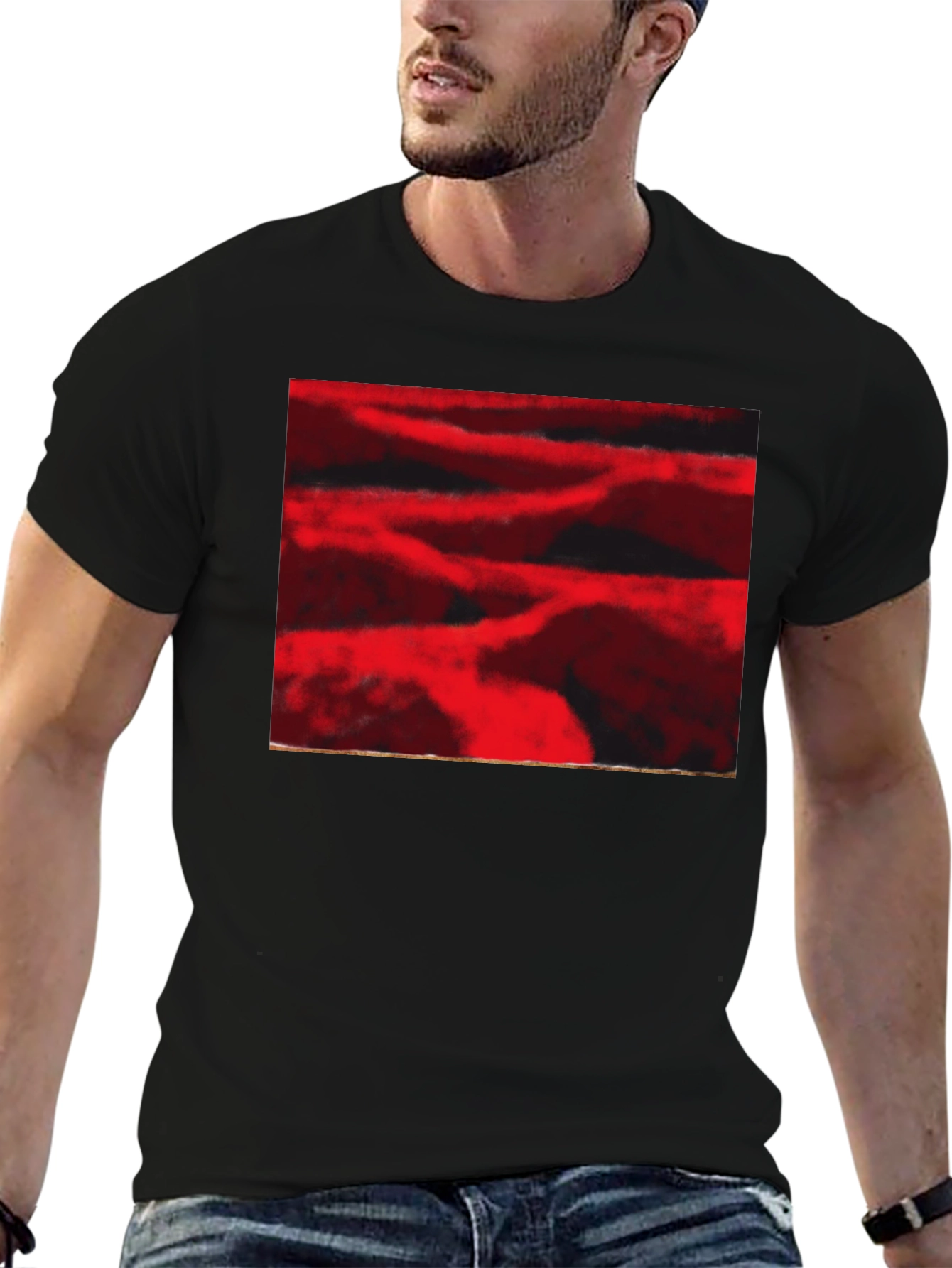 Abstract Red Landscape Print Black T-Shirt