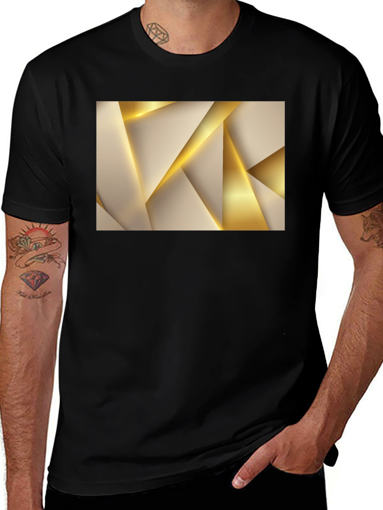 Abstract Gold Geometric Graphic Black T-Shirt