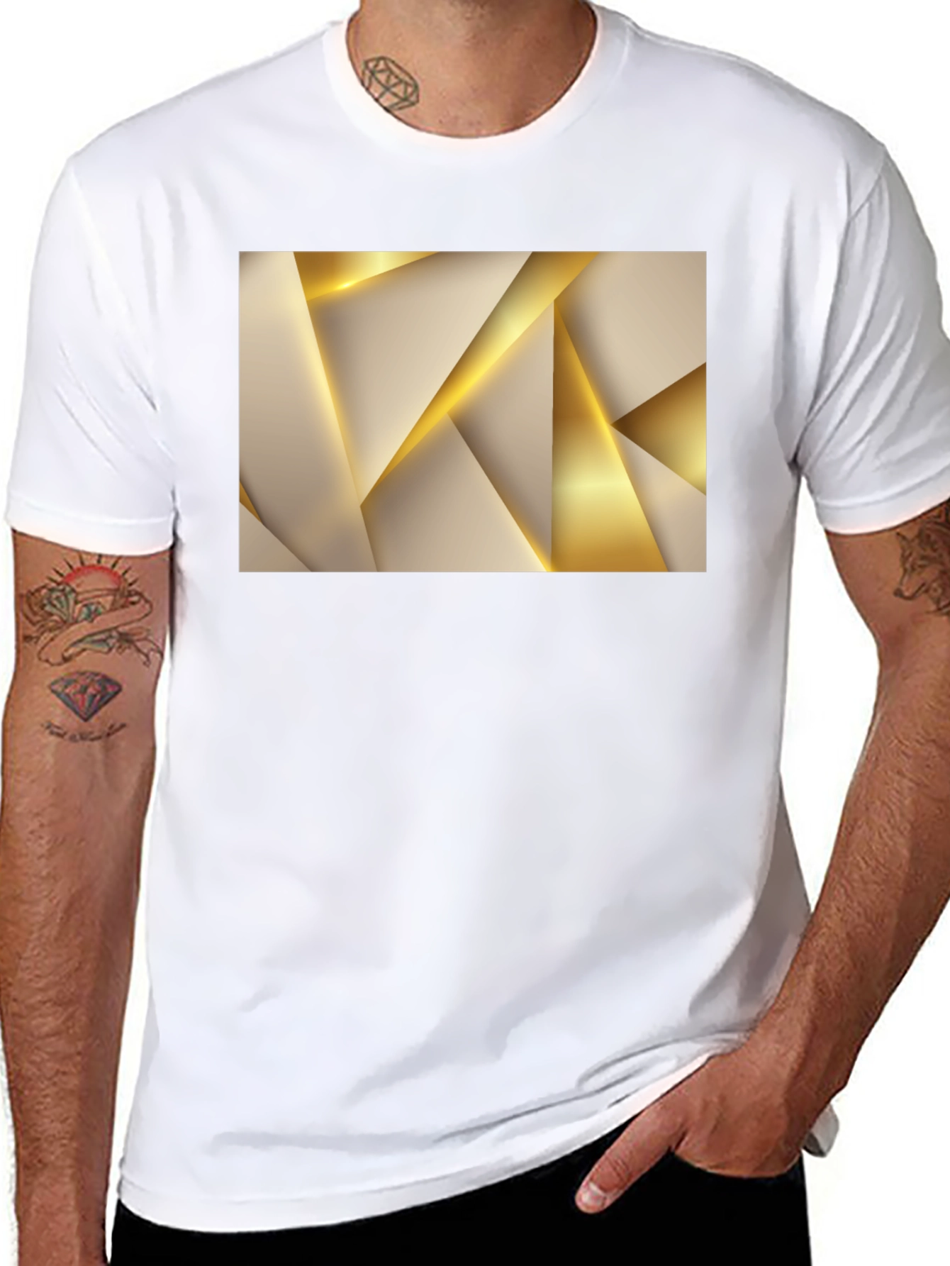 Abstract Gold Geometric Graphic Black T-Shirt