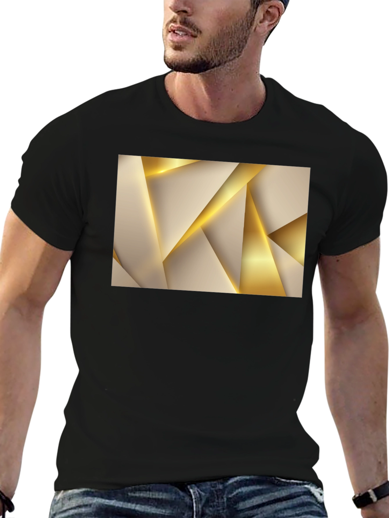 Abstract Gold Geometric Graphic Black T-Shirt