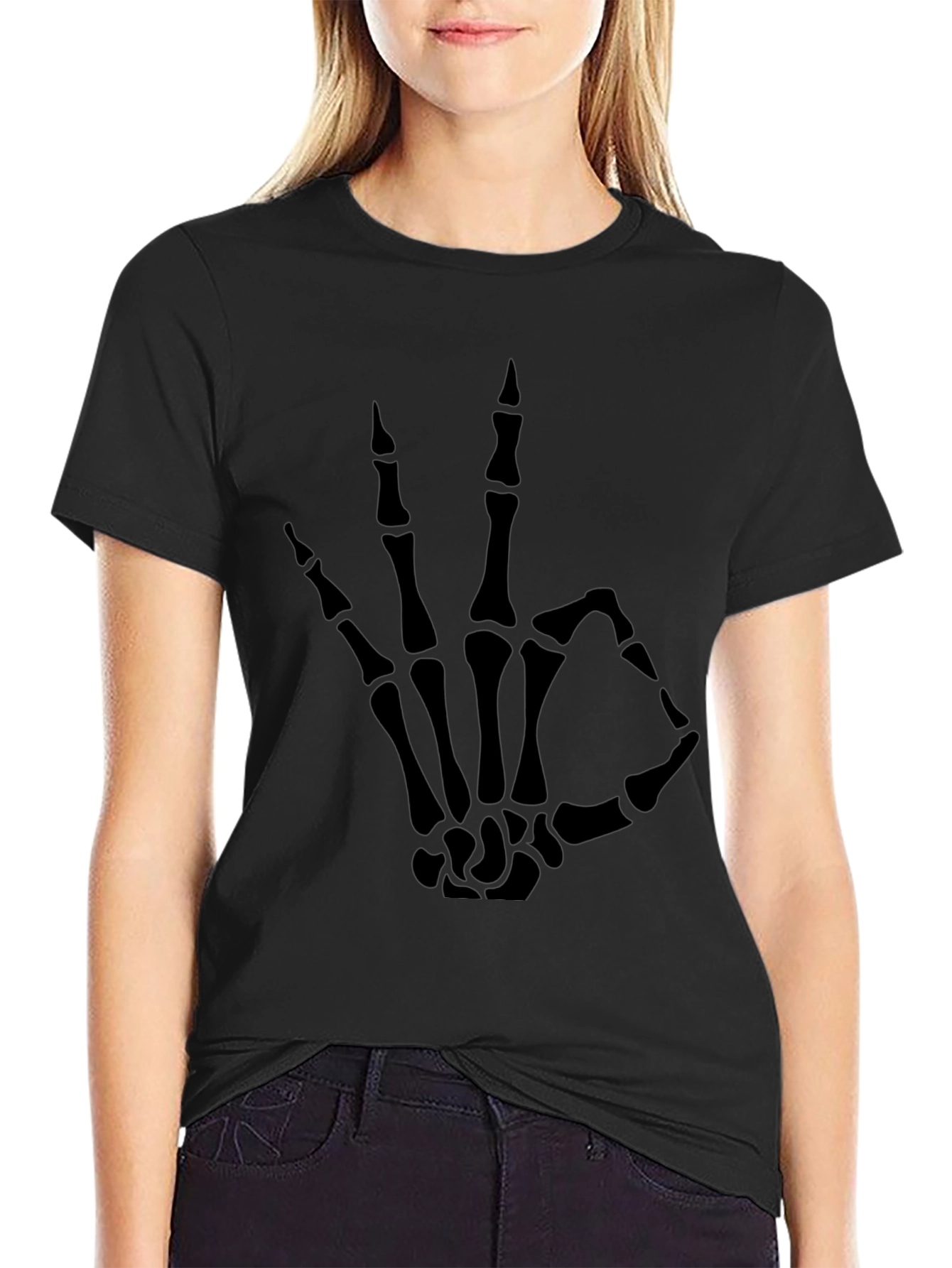 Skeleton Hand OK Sign Graphic Tee - Black
