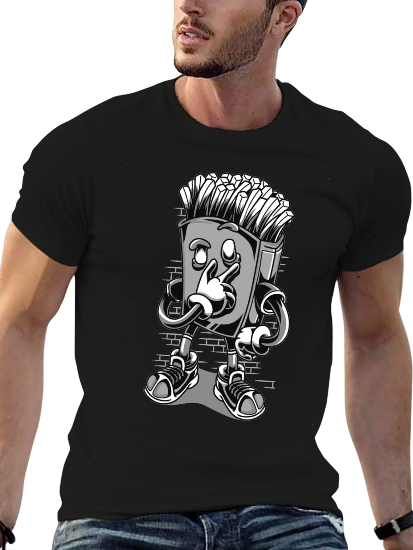 Funny Cartoon Fries Character Graphic T-Shirt