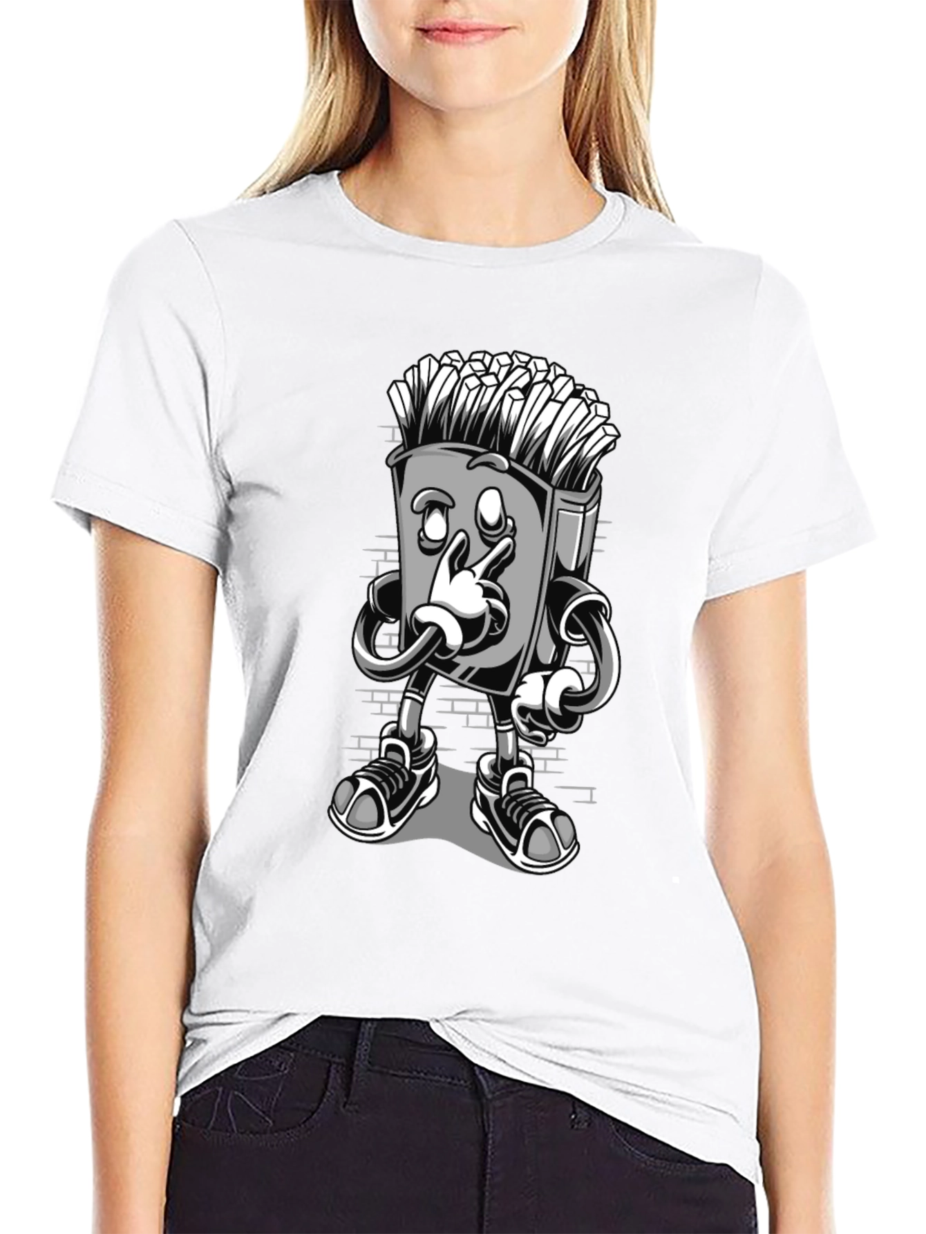 Funny Cartoon Fries Character Graphic T-Shirt