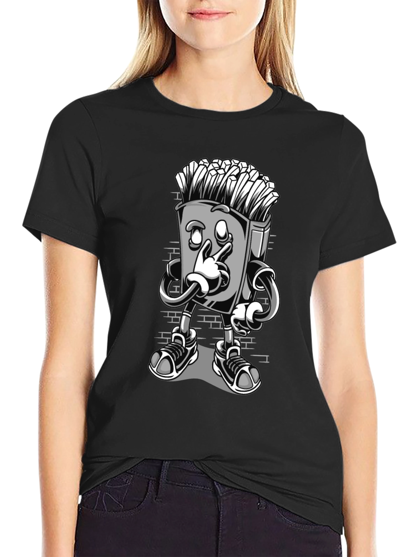 Funny Cartoon Fries Character Graphic T-Shirt