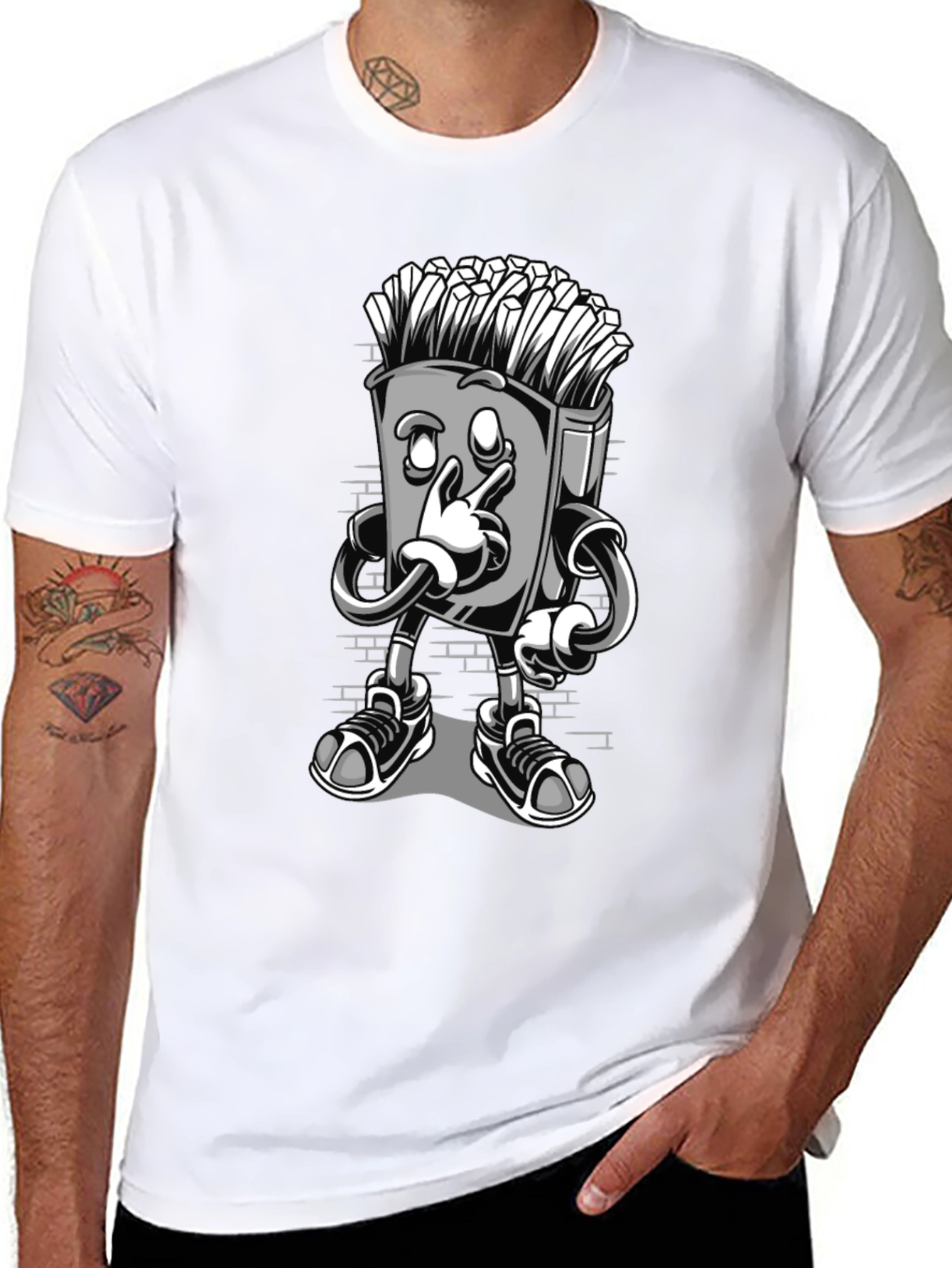 Funny Cartoon Fries Character Graphic T-Shirt