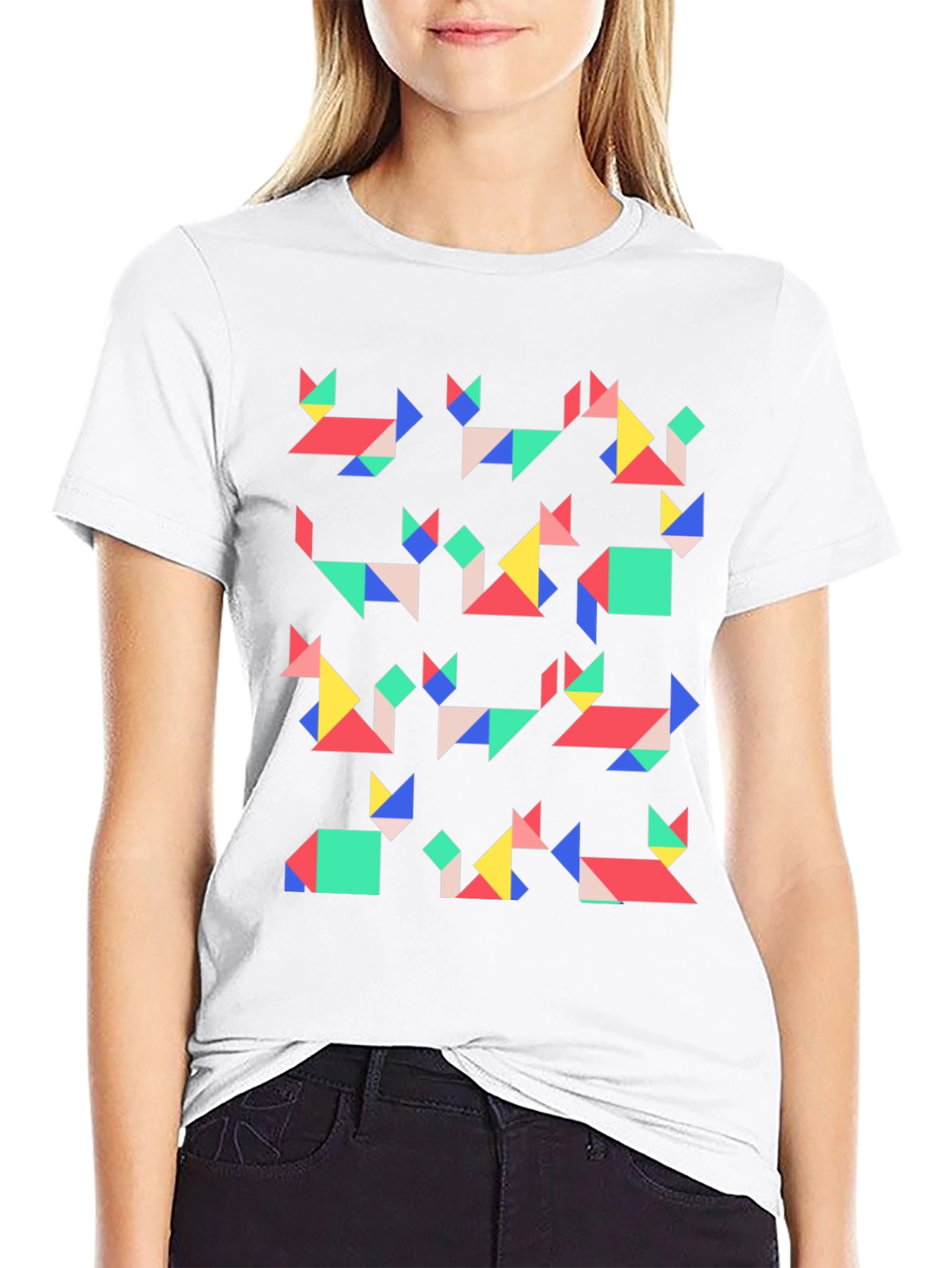 Geometric Cats Black T-Shirt | Modern Art Tee